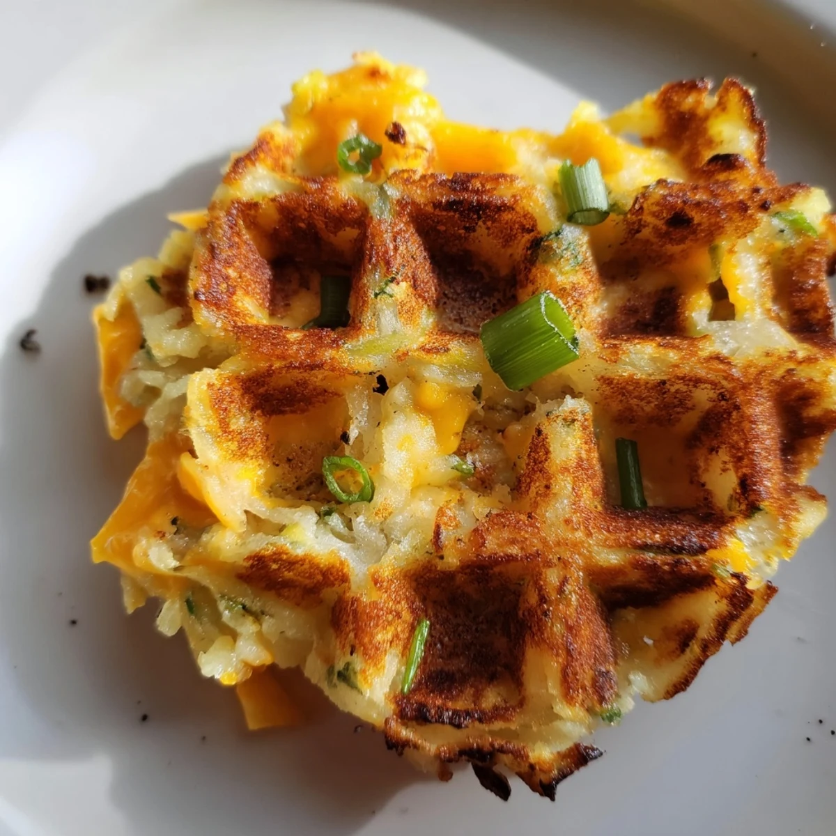 Golden-brown Cheesy Hash Brown Waffles glistening, ready to serve with sour cream and chives for breakfast.