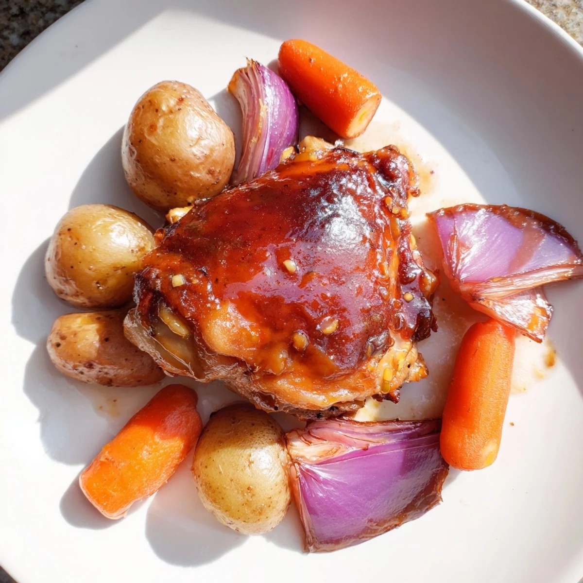 Golden-brown Maple Dijon Chicken Thighs glistening with glaze, alongside roasted vegetables on a sheet pan.