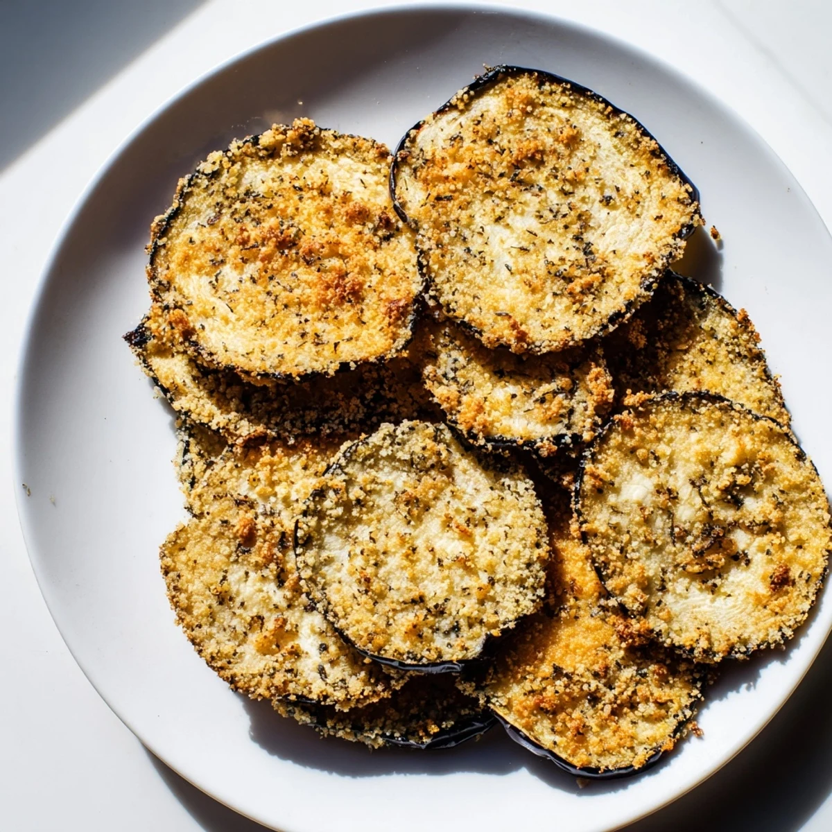 Golden-brown Crispy Eggplant Parmesan Chips ready to be dipped in marinara sauce are so tempting!