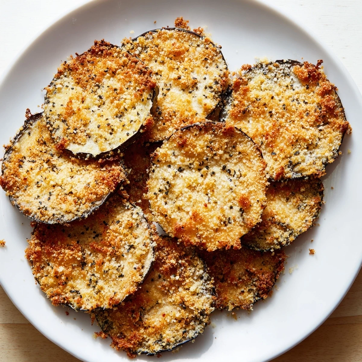 Oven-baked, crispy Eggplant Parmesan Chips offer a satisfying crunch with every herb-infused, cheesy bite.