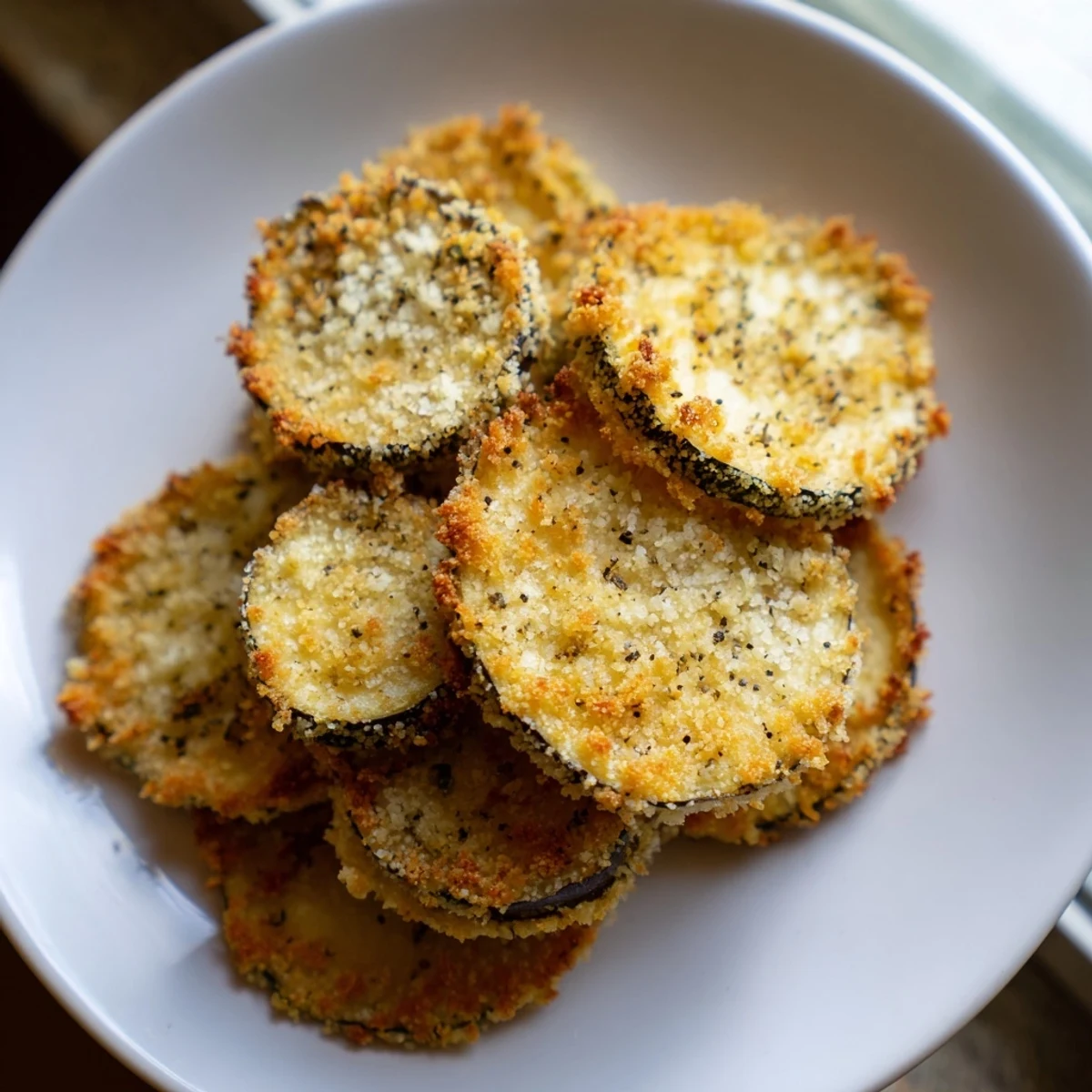 Imagine the savory aroma of freshly baked Crispy Eggplant Parmesan Chips, perfect for a vegetarian snack!
