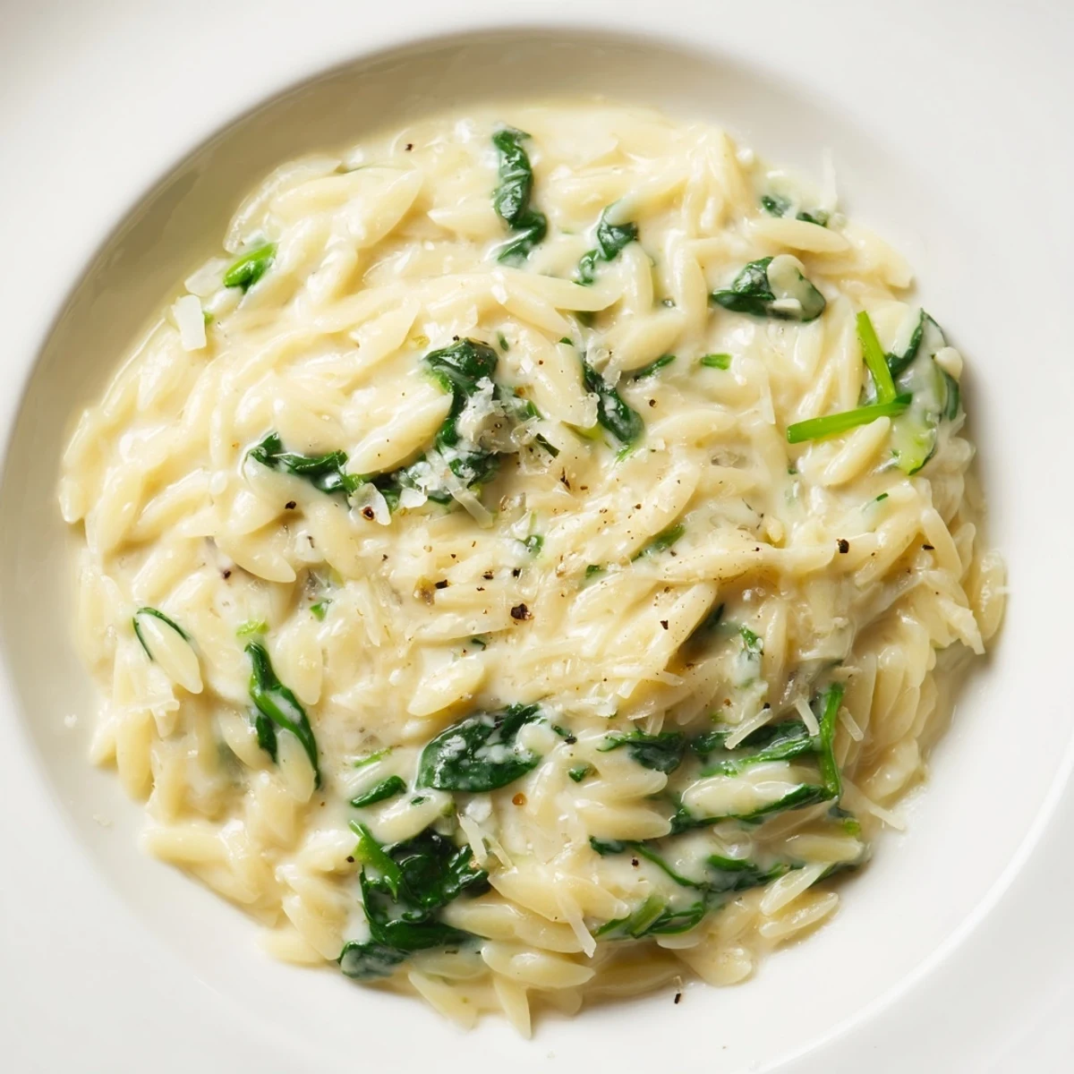 Golden, creamy spinach orzo, a simple one-pan pasta dish, ready to savor.
