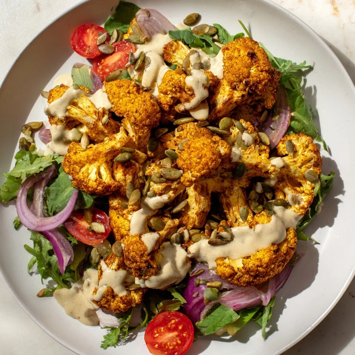Golden, air-fried Crispy Cauliflower Salad sits atop fresh greens, drizzled with creamy tahini dressing, ready to enjoy.