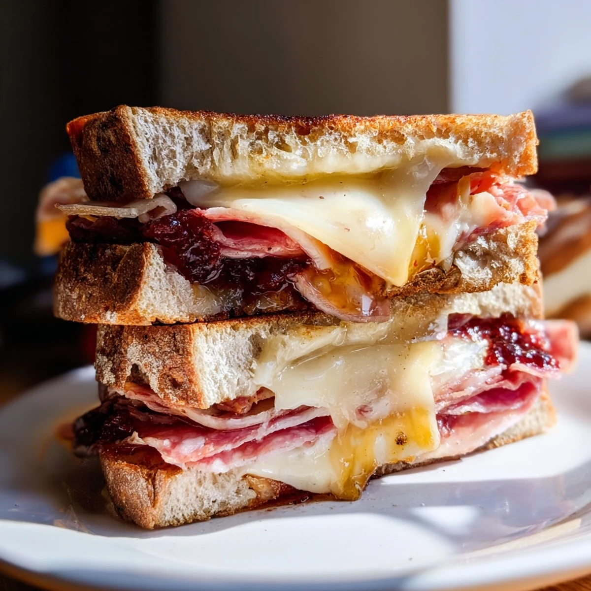 Crispy-edged, savory Charcuterie Grilled Cheese, showcasing perfectly melted cheese and cured meats inside.