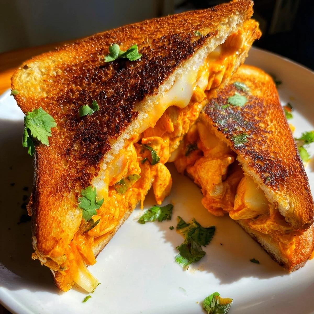 Melted cheese oozing from a perfectly grilled Savory Butter Chicken Grilled Cheese, a comforting classic.