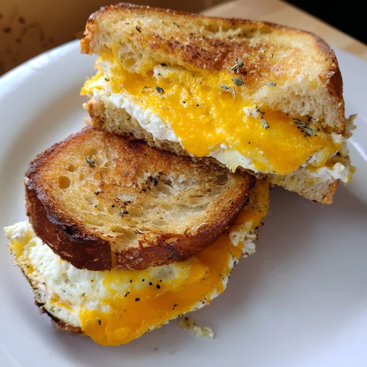 Mouthwatering close-up of a feta fried eggs grilled cheese, offering a warm, satisfying bite on your plate.