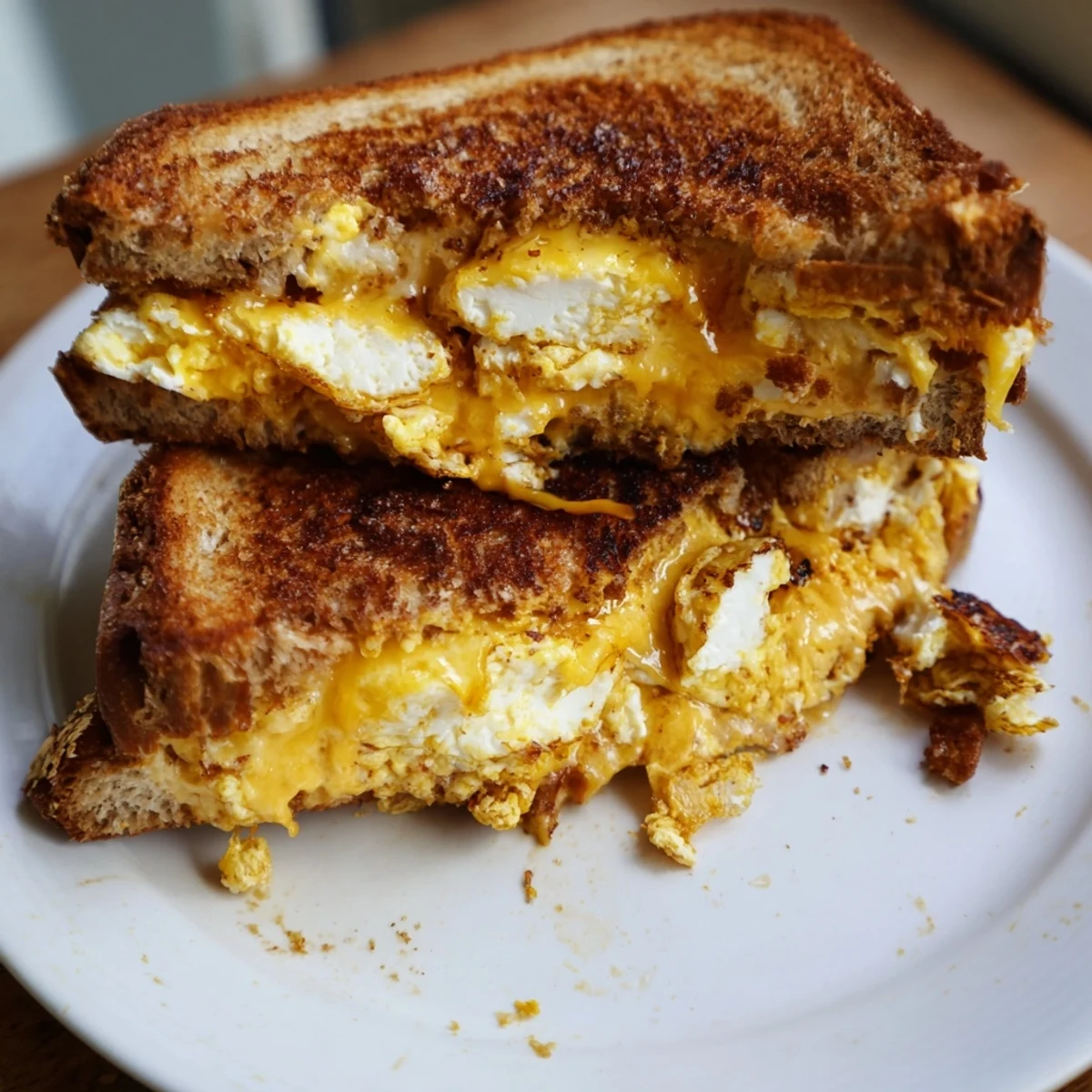 Deliciously stacked feta fried eggs grilled cheese, served hot, ready for a comforting, vegetarian lunch.