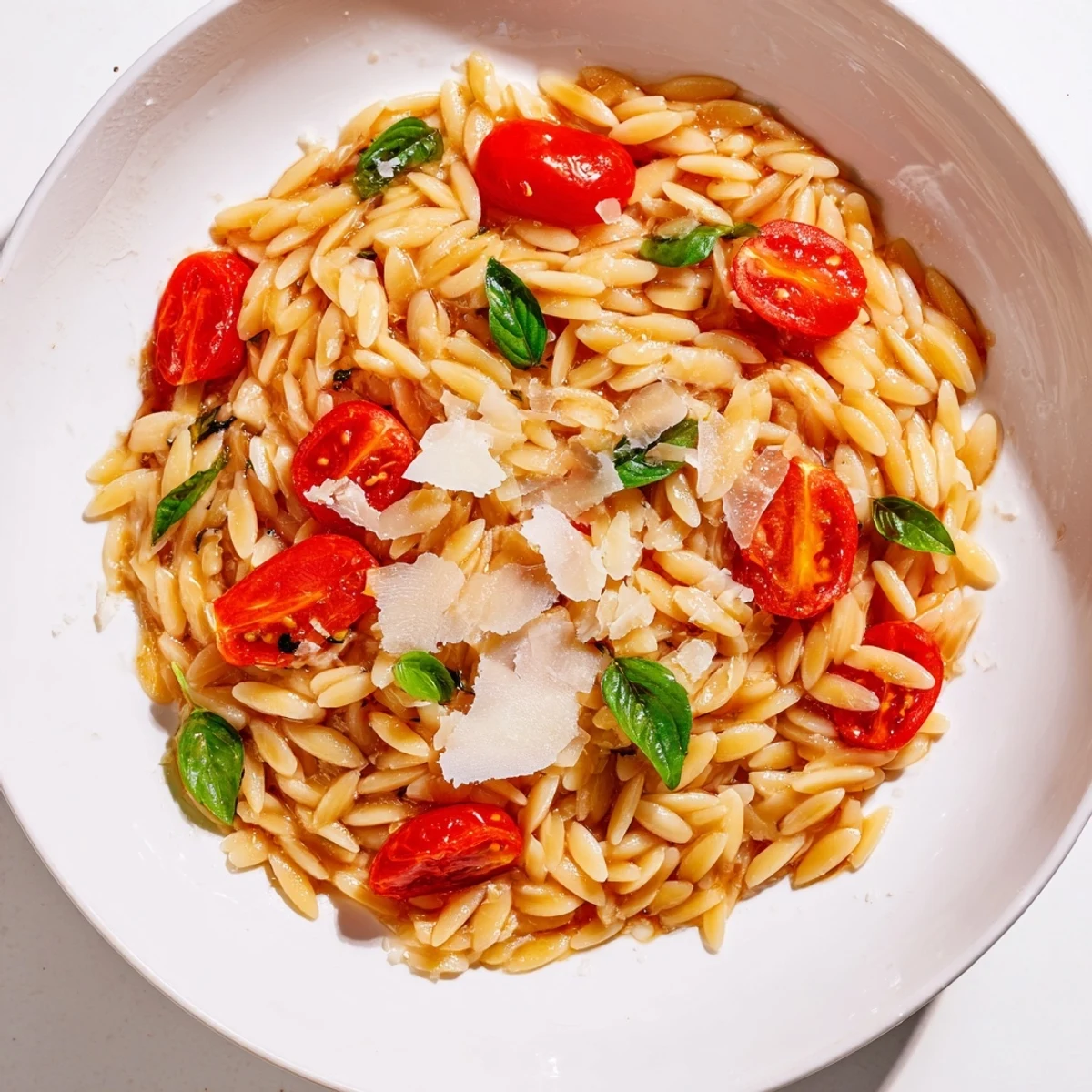 Steaming bowl of Orzo Tomato Parmesan, a flavorful Mediterranean pasta dish with fresh basil.