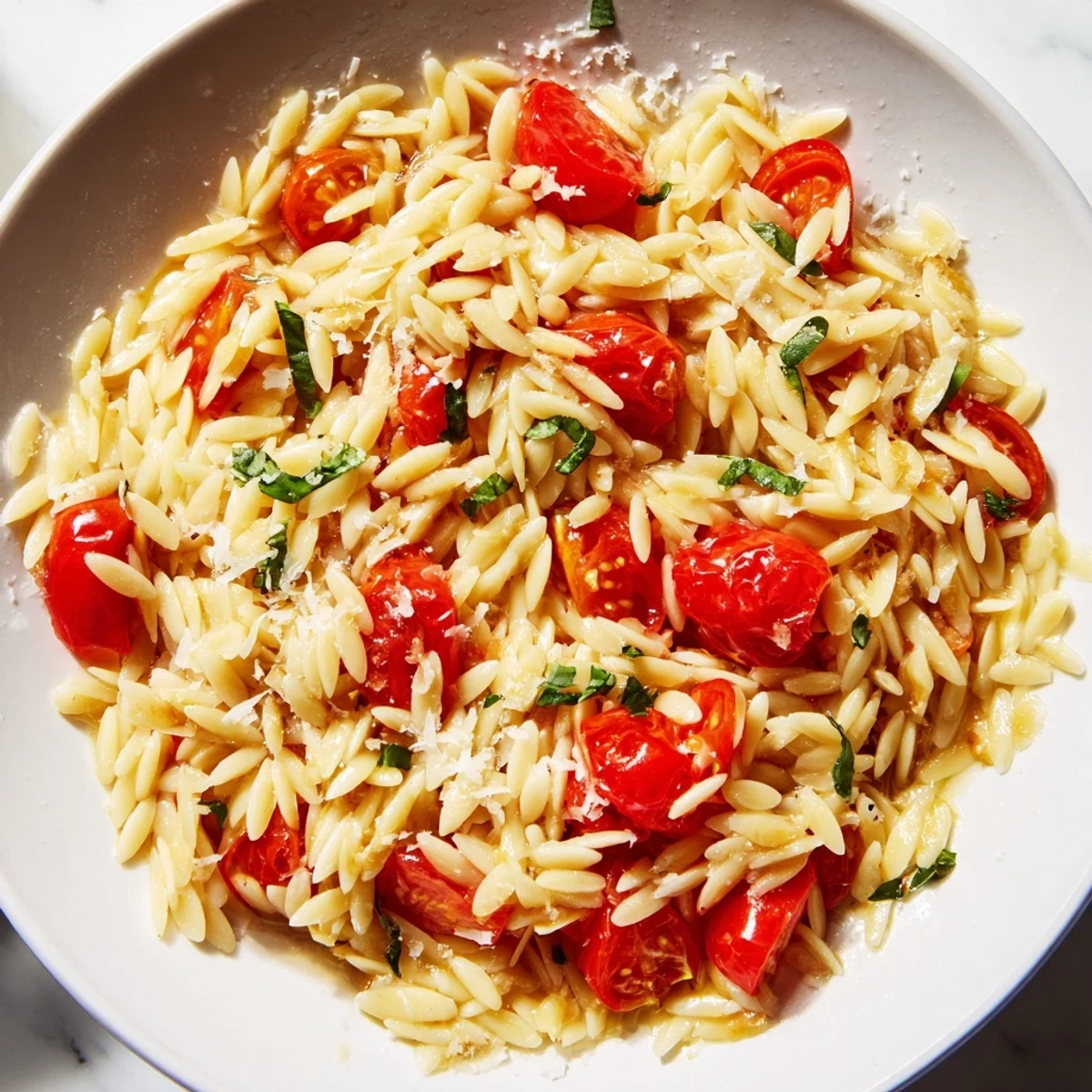 Close-up of golden Orzo Tomato Parmesan, showcasing the vibrant red tomatoes and Parmesan.