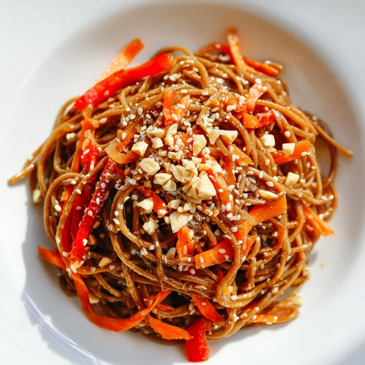 Cold Noodle Salad with sesame-ginger dressing, a colorful, chilled meal with fresh veggies, ready to enjoy.