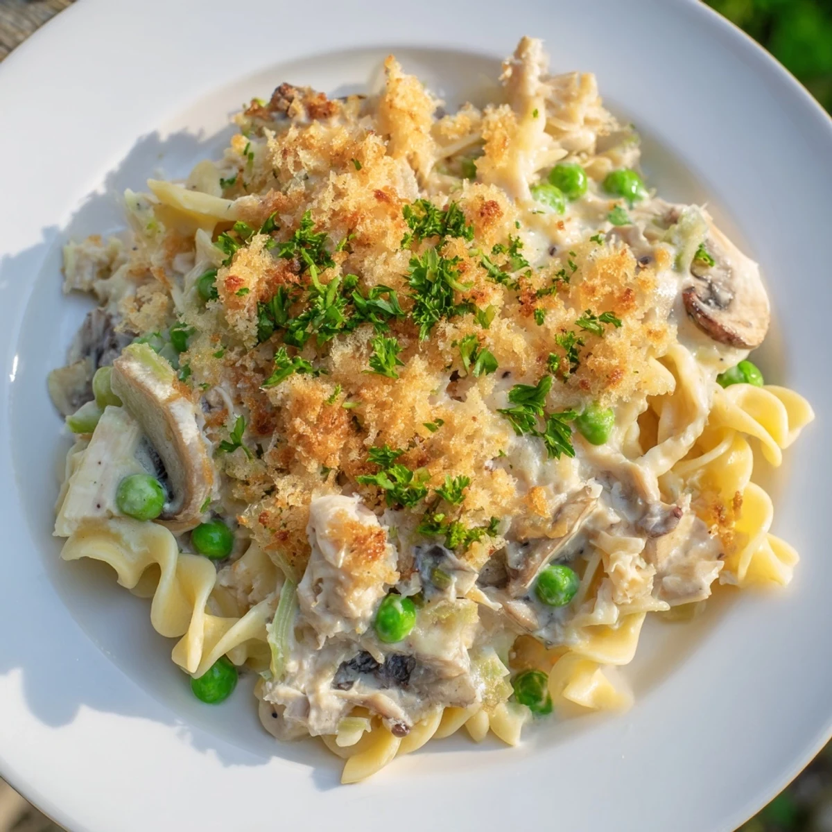 Creamy Tuna Noodle Casserole 2.0 with a golden, crispy topping ready for serving.