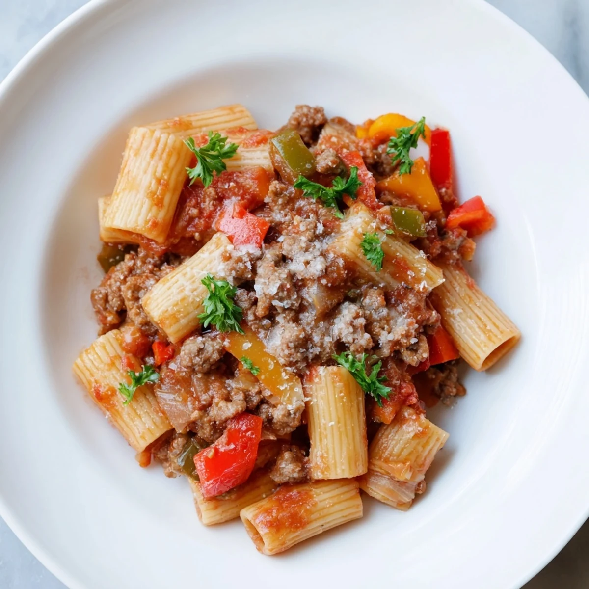 Steaming Sausage and Peppers Pasta with vibrant bell peppers and savory sausage.