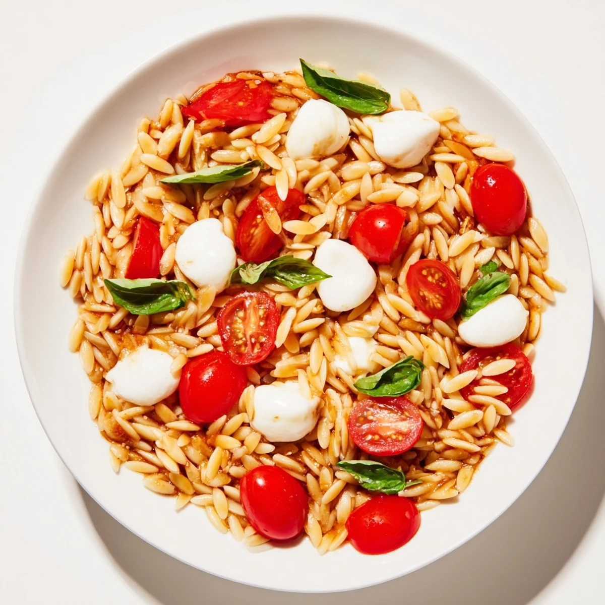 A bright, colorful Caprese Orzo Salad featuring tomatoes, mozzarella, and basil drizzled with vinaigrette.