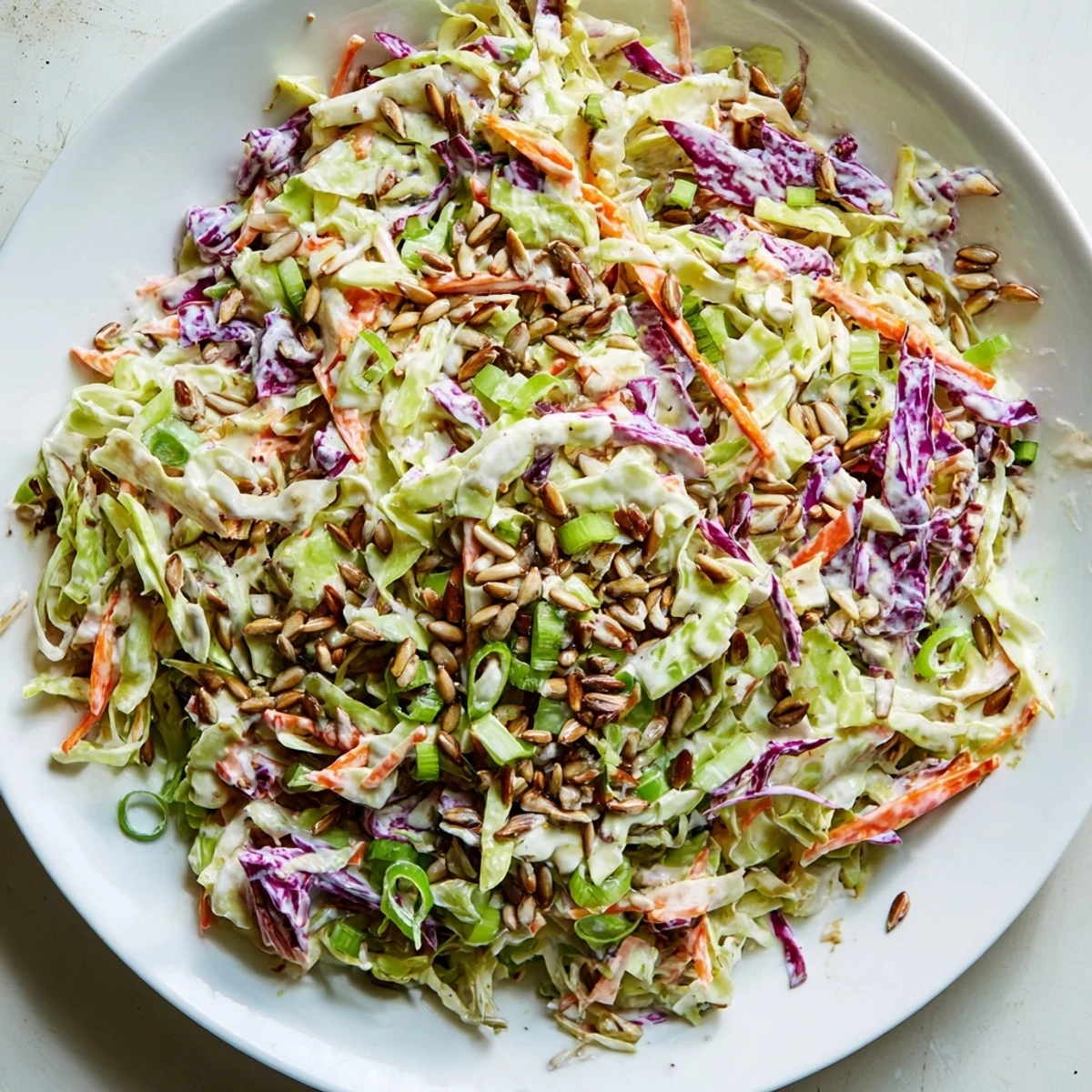 Fresh crunchy coleslaw salad with vibrant green and purple cabbage, ready for serving.