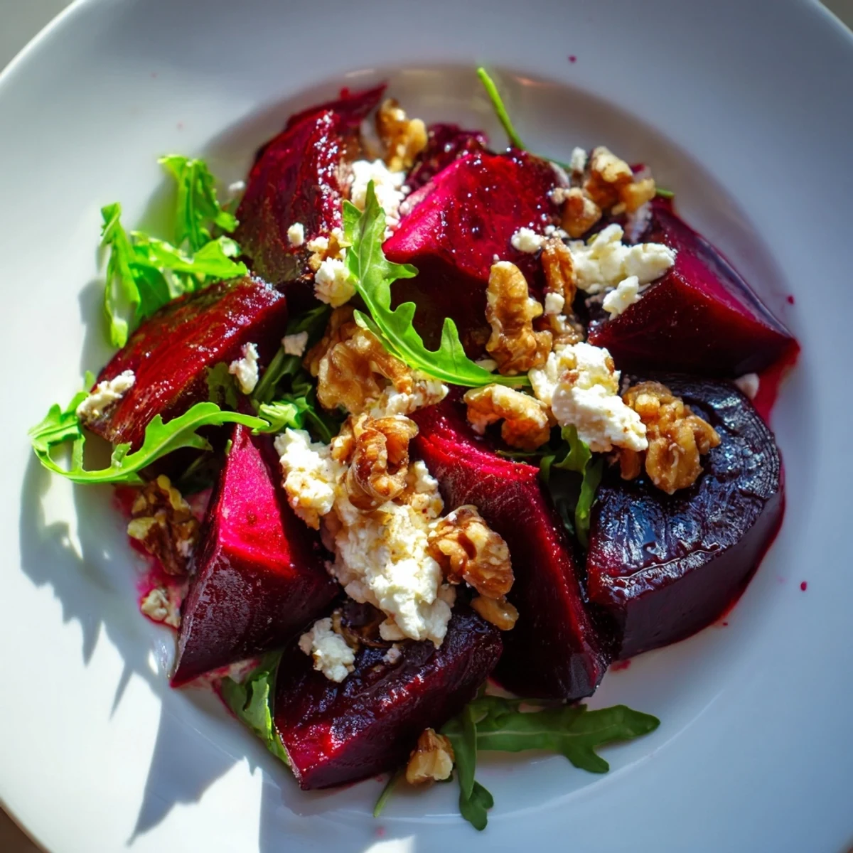 Vibrant roasted beet walnut salad with crumbled goat cheese ready for serving, delicious!
