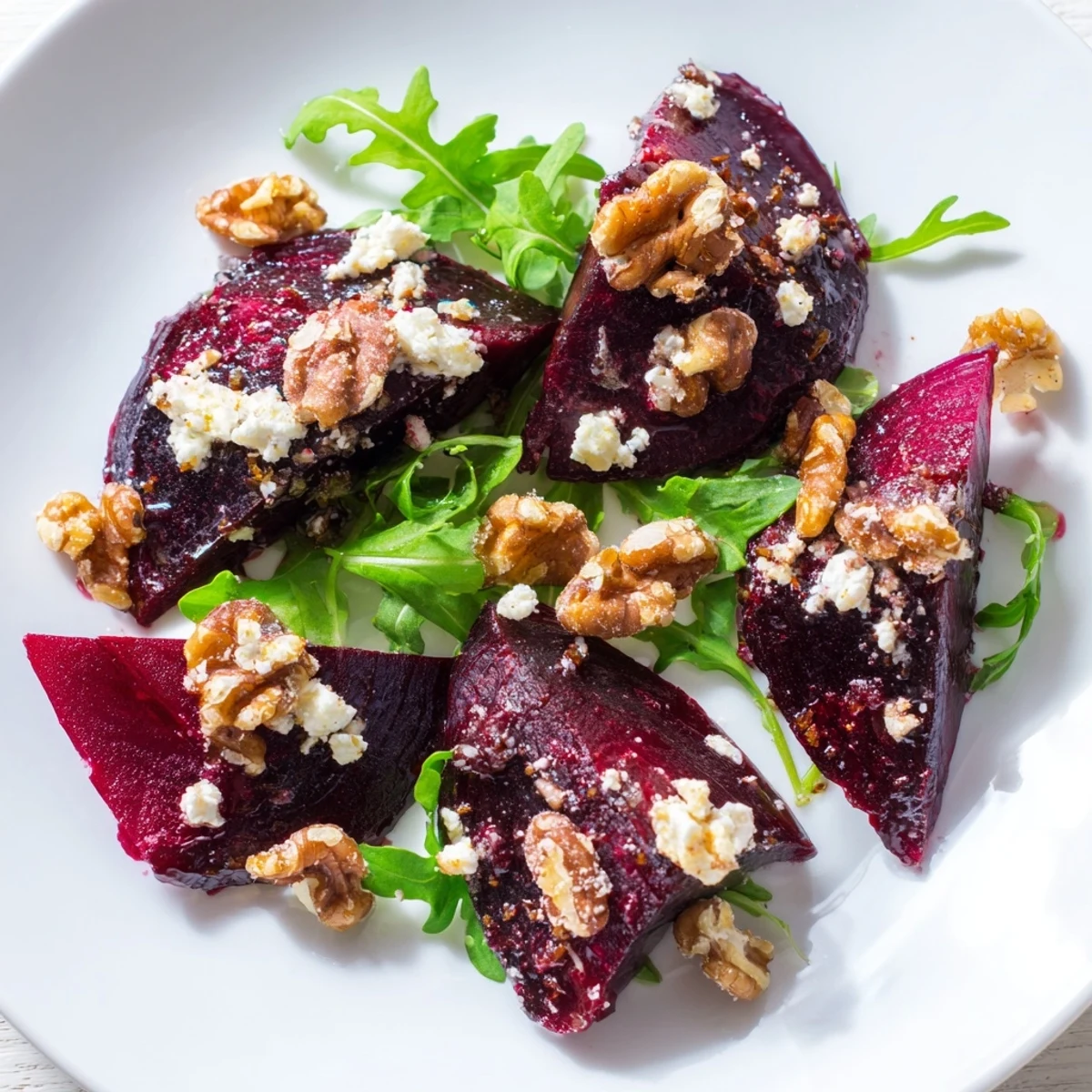 A colorful photo of the roasted beet walnut salad, complete with arugula and perfect presentation.