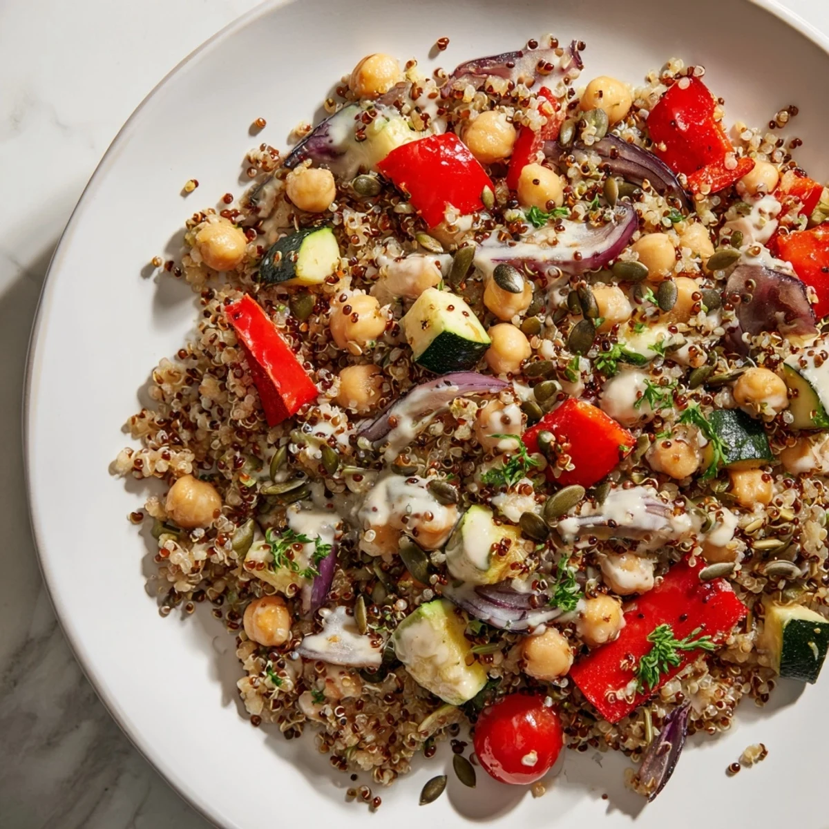 This Quinoa Power Protein Salad showcases roasted vegetables nestled in fluffy quinoa with chickpeas.