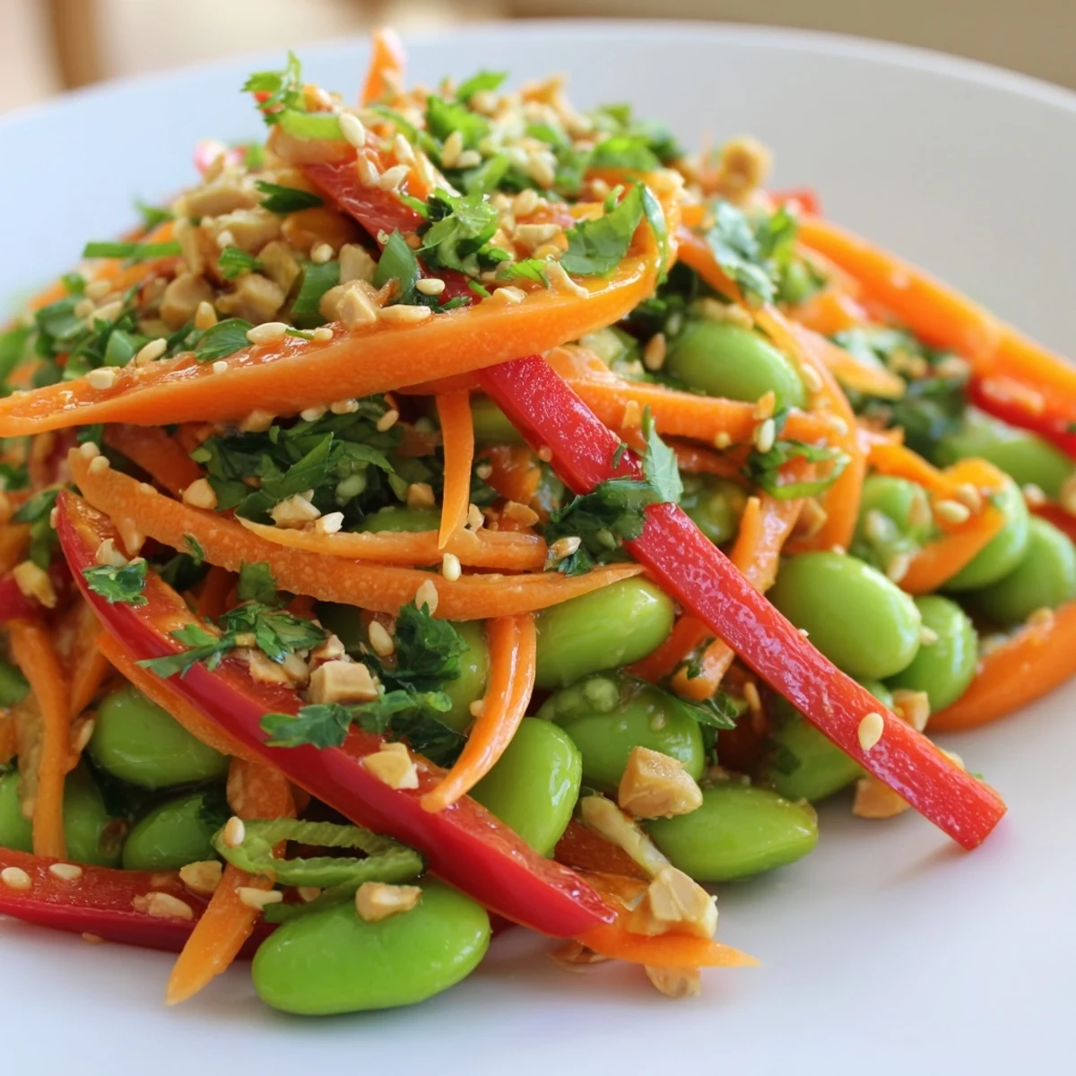 Freshly tossed Asian Edamame Salad topped with toasted sesame seeds and cilantro for a satisfying crunch.