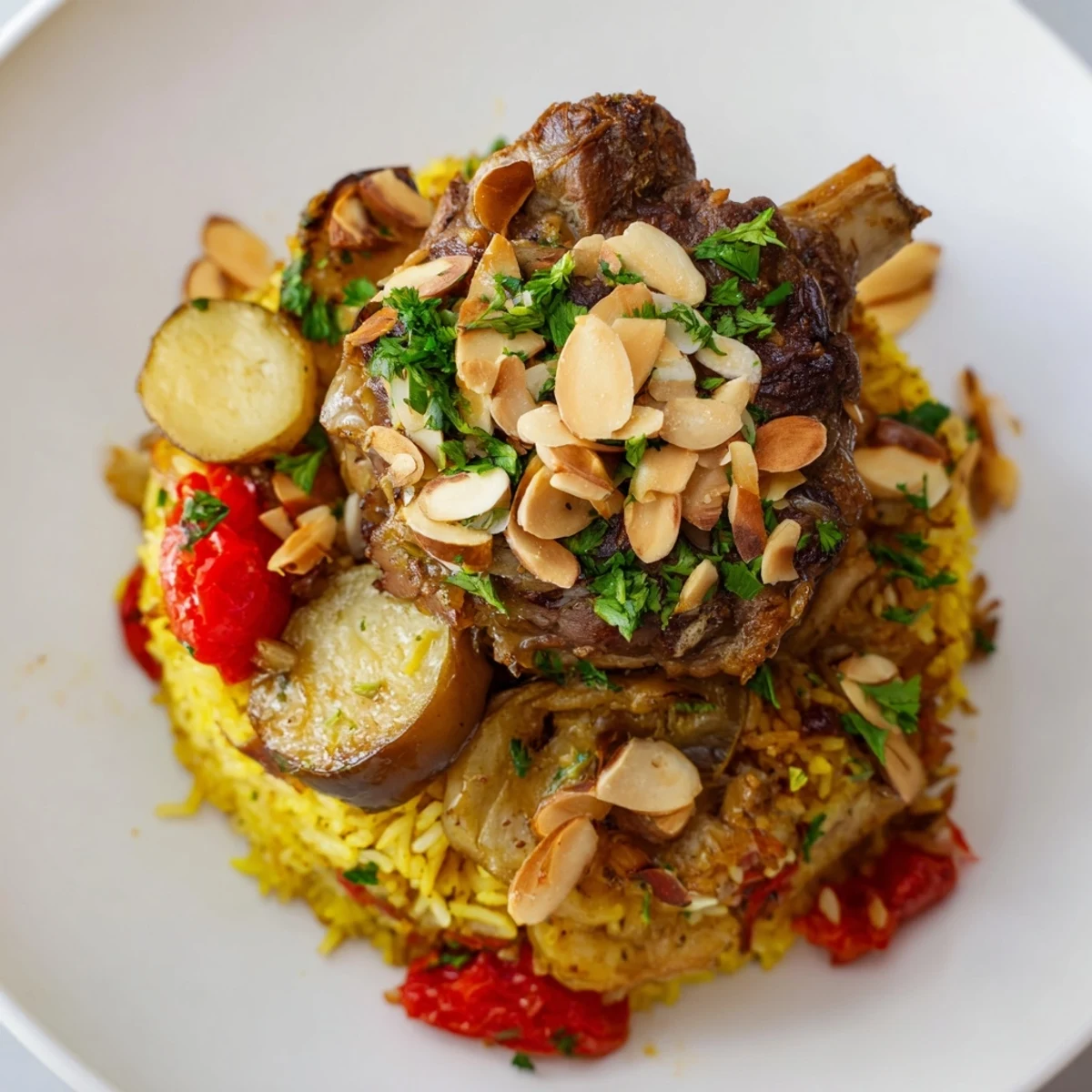 A beautiful serving of Maqluba: a Middle Eastern rice dish with flipped layers, perfect for a feast.