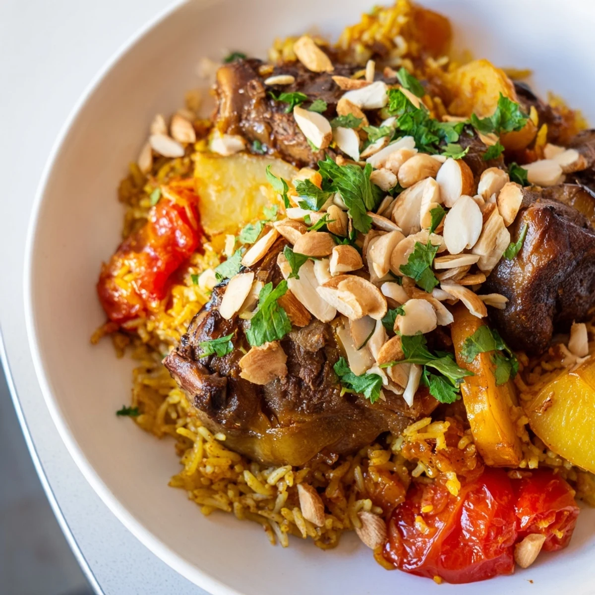 Fragrant, inverted Palestinian Maqluba, featuring layers of tender meat, and golden, spiced rice.