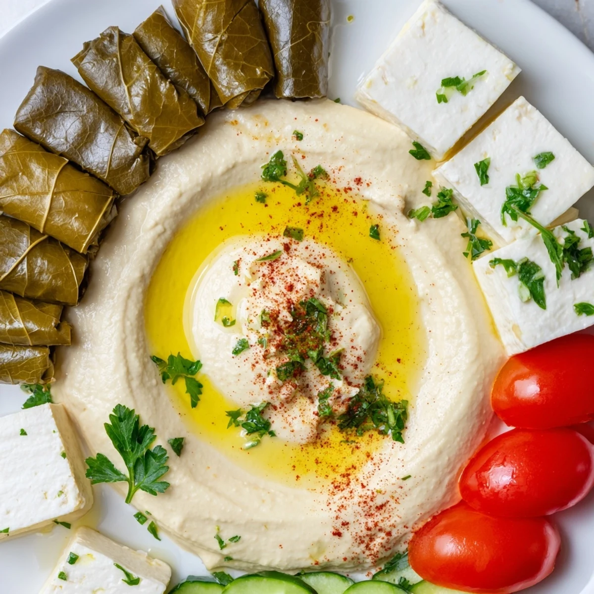 Vibrant Turkish Meze Platter with hummus, dolmas, and cheeses, ready to be shared with friends.