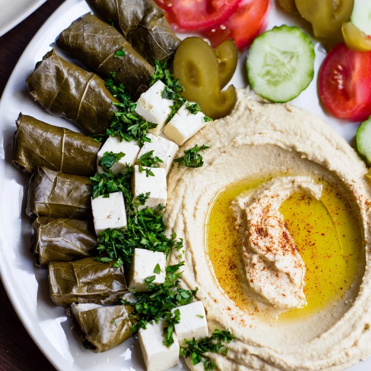 This tempting Turkish Meze Platter shows a variety of dips and garnishes, great for a vegetarian feast.