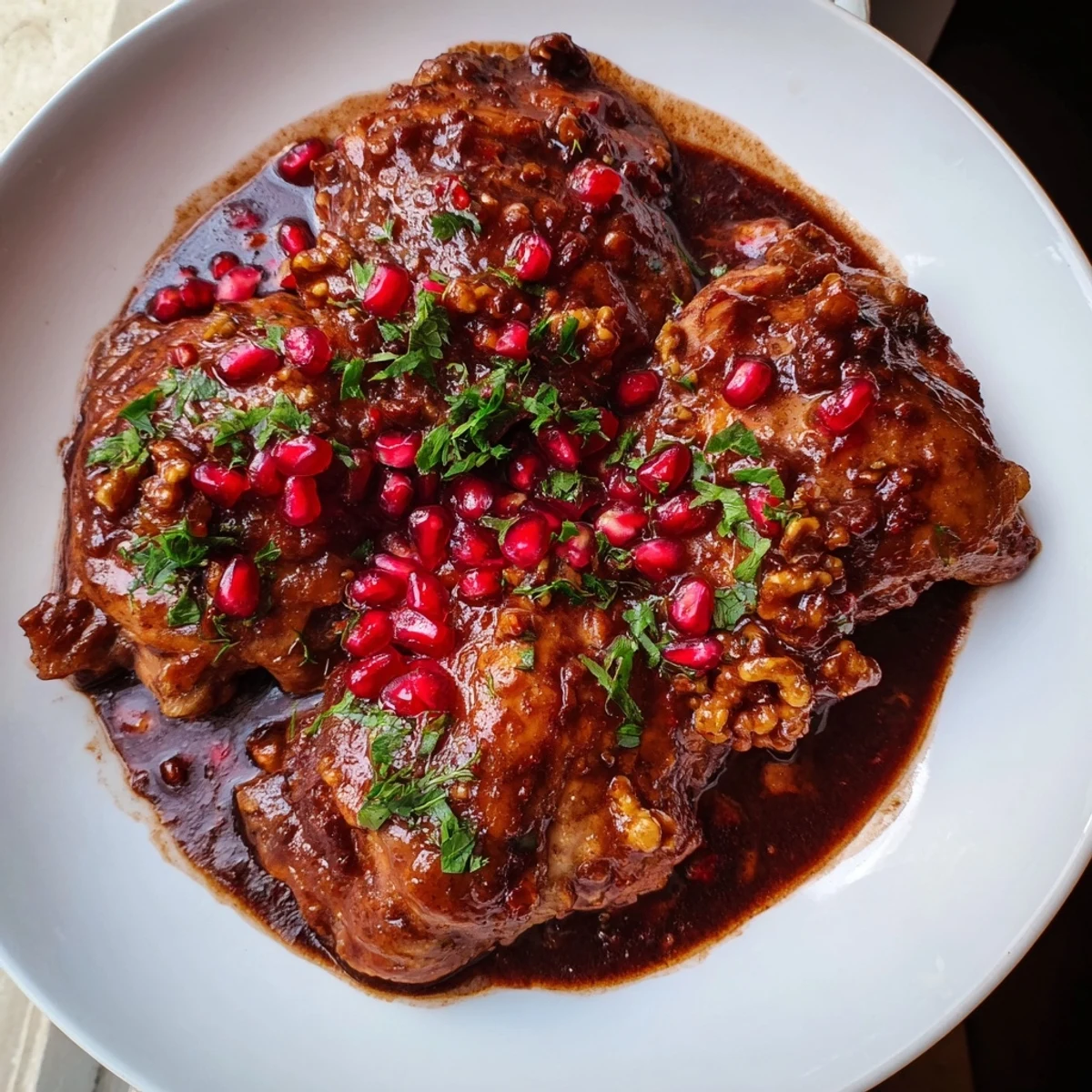 Golden-brown Iranian Fesenjan stew simmering, promising a rich, tangy pomegranate flavor paired with tender chicken.
