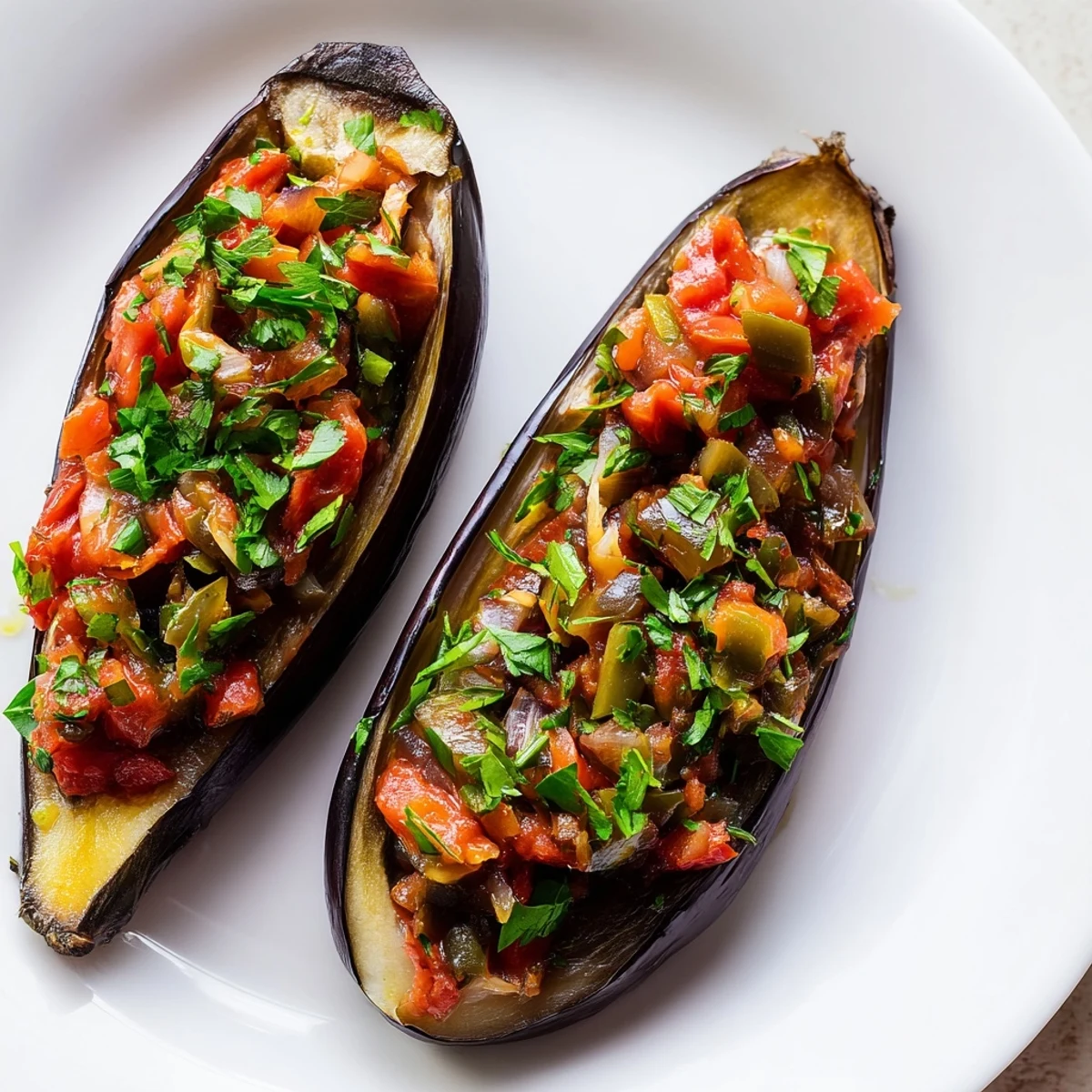 Warm, baked Imam Bayildi featuring tender eggplant stuffed with a vibrant tomato and onion filling.