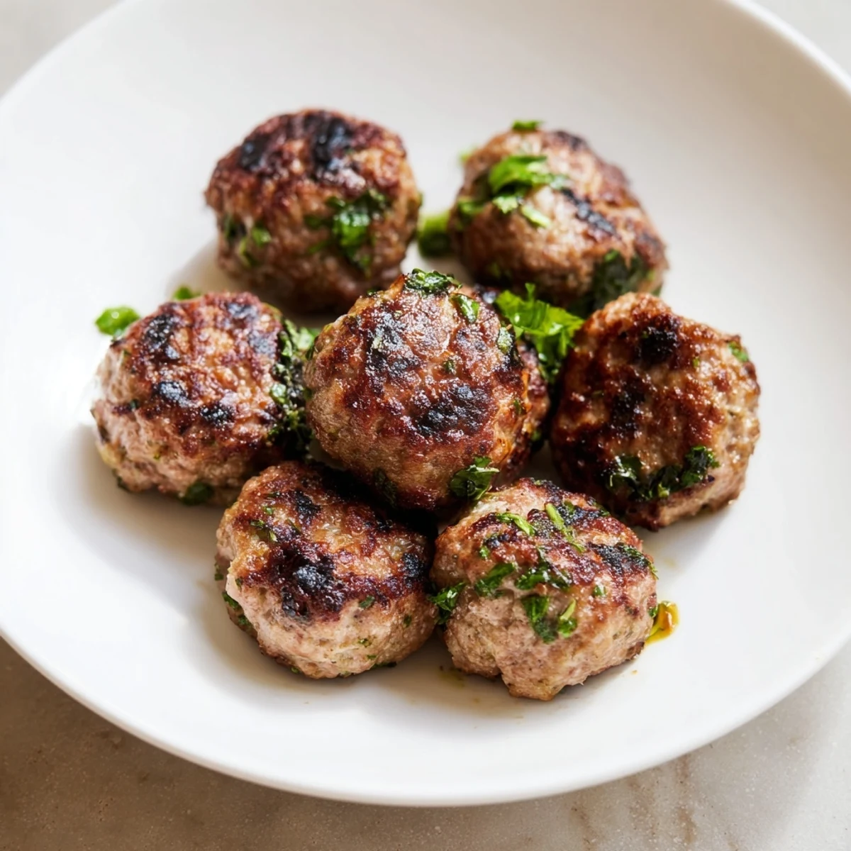 Golden brown Turkish Köfte meatballs, pan-fried to perfection and ready to serve with fresh herbs.