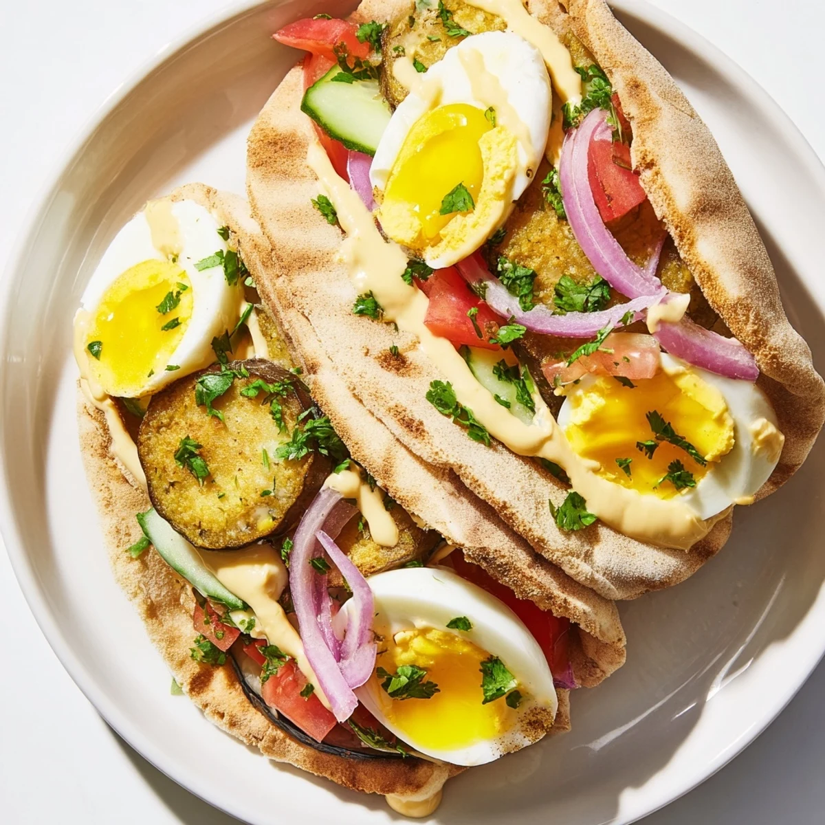 This photo shows a colorful Israeli Sabich, overflowing with ingredients, ready to eat and enjoy.