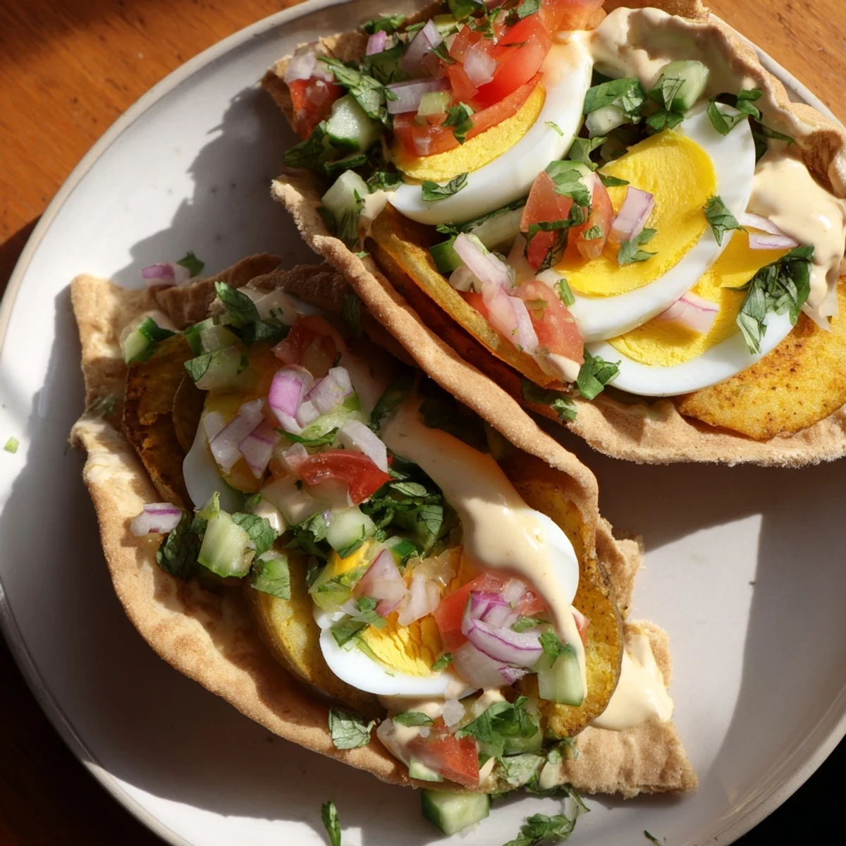 Golden-fried eggplant, creamy tahini, and fresh Israeli salad fill a delicious Sabich pita.