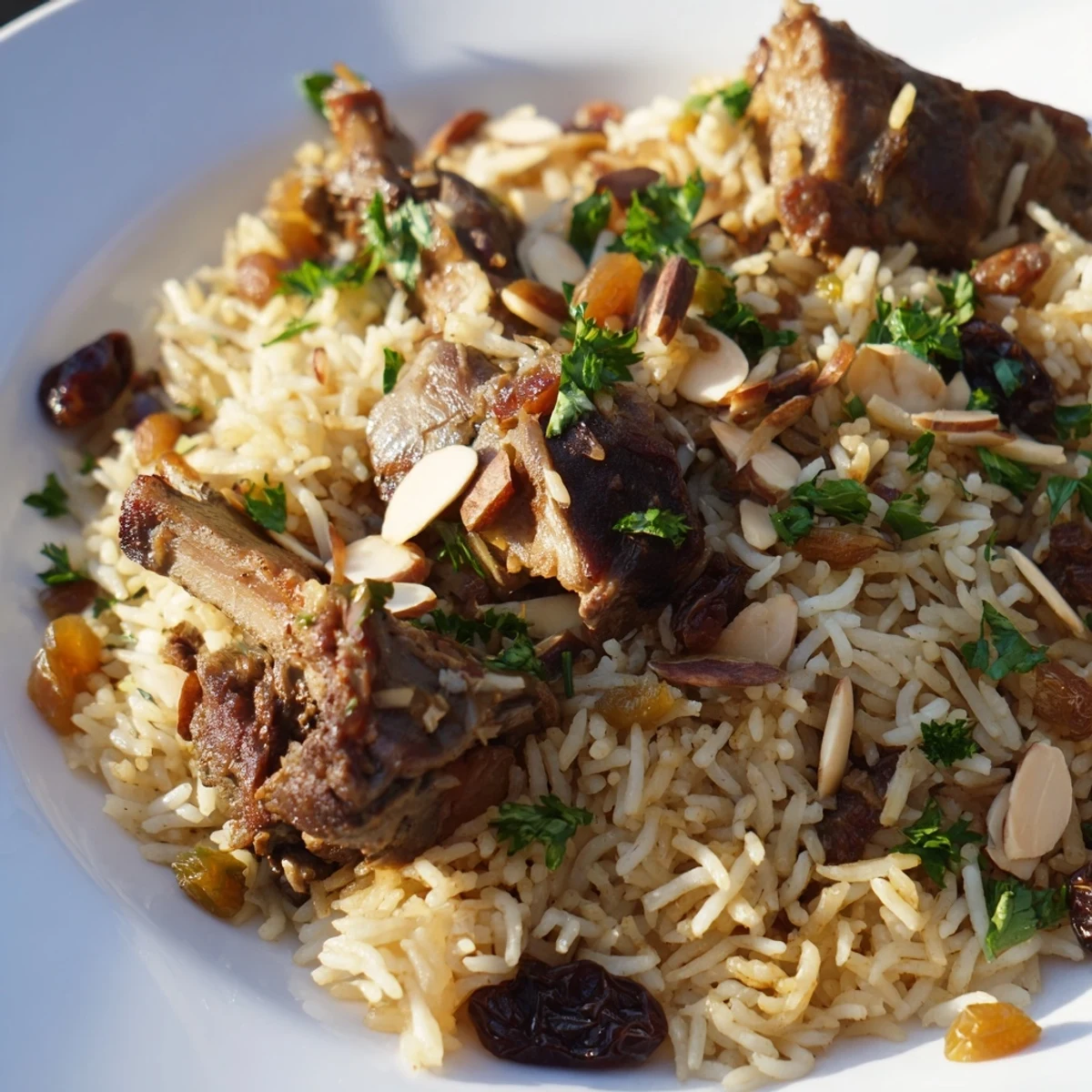 A close-up of fluffy Kabsa rice with tender meat, enriched with golden raisins and aromatic spices, ready to eat.