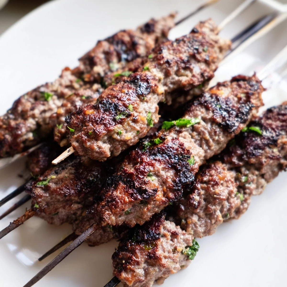Smoky, grilled Iraqi Kebab Tikka skewers, sizzling with spices, ready to be served with fresh toppings.