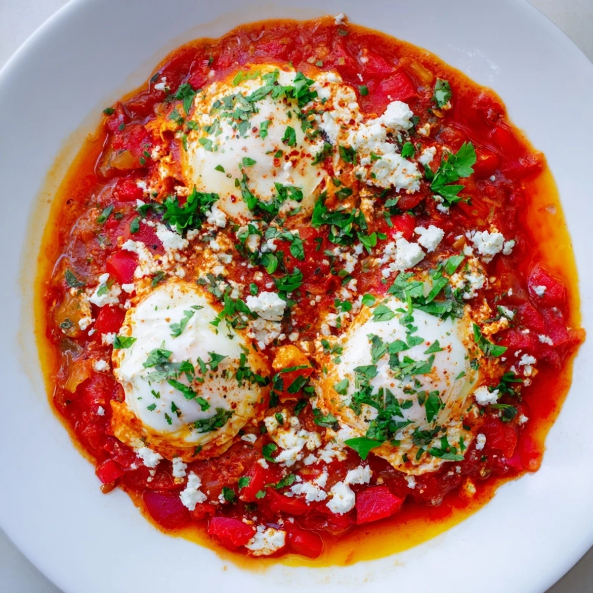 Israeli Shakshuka with bright red, spiced tomato sauce and perfectly poached eggs.
