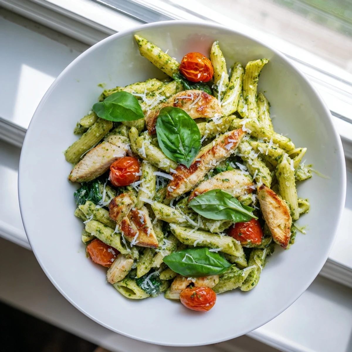 Juicy grilled chicken and al dente penne coated in fragrant basil pesto with spinach and cherry tomatoes.  