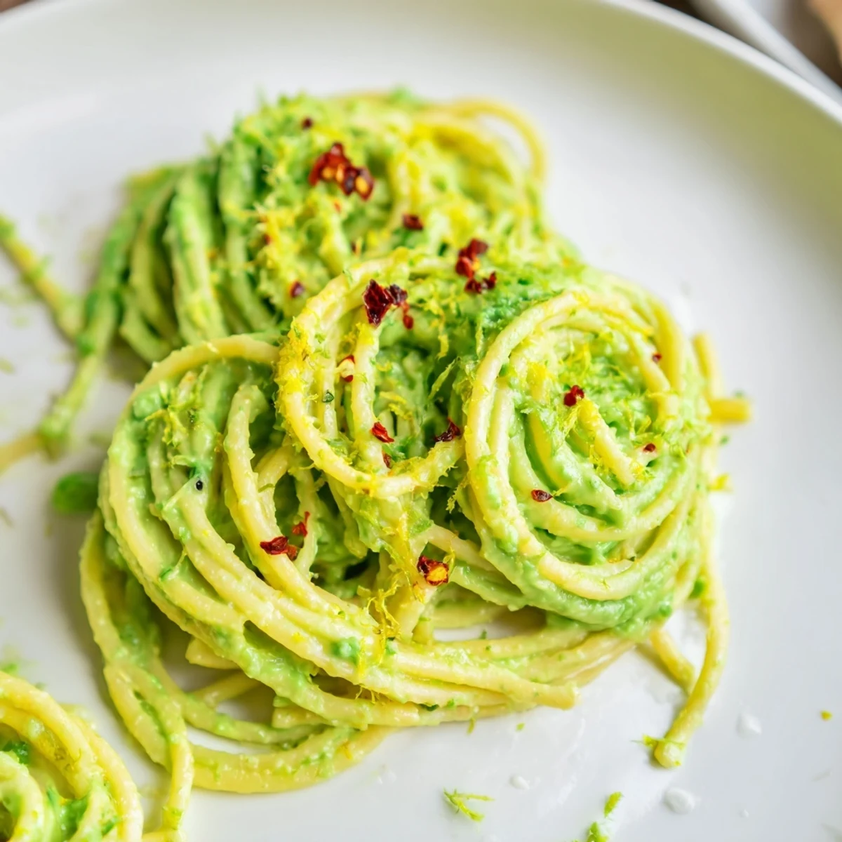 A vibrant bowl of Smashed Avocado Pasta tossed with creamy avocado sauce, fresh lime, and a sprinkle of chili flakes, served warm and ready to enjoy.  