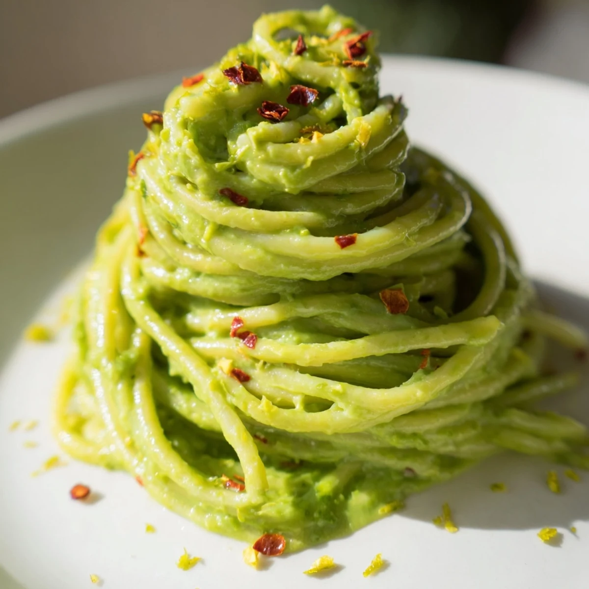 A close-up view of Smashed Avocado Pasta, with creamy avocado chunks and chili flakes visible, highlighting the dish's fresh and zesty textures.