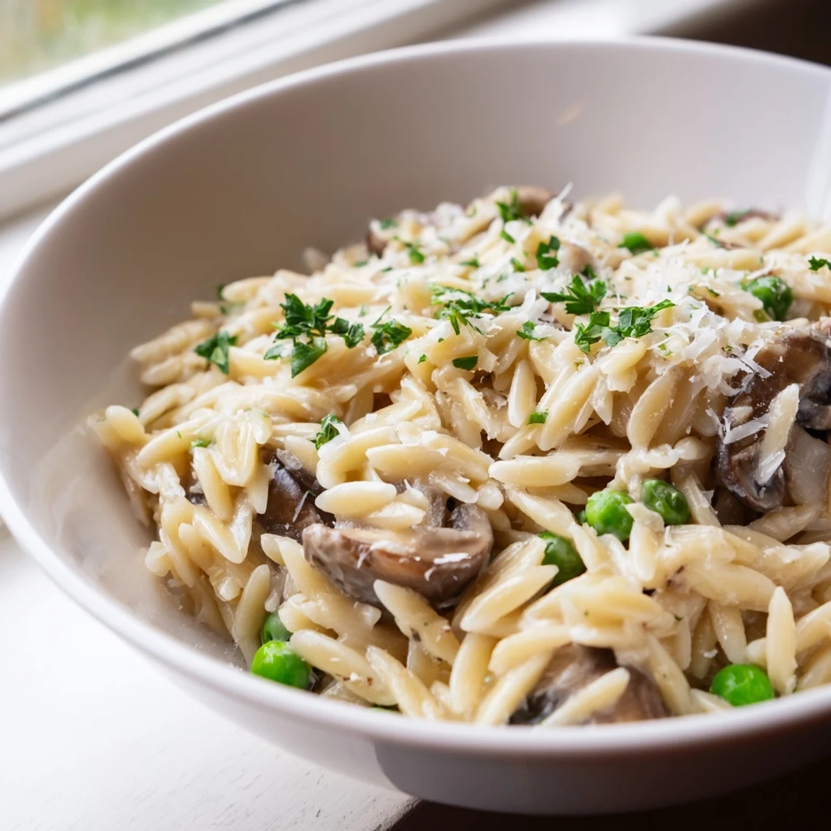 A hearty bowl of Orzo Mushroom Risotto-Style with earthy mushrooms and peas, topped with fresh parsley and extra Parmesan.  