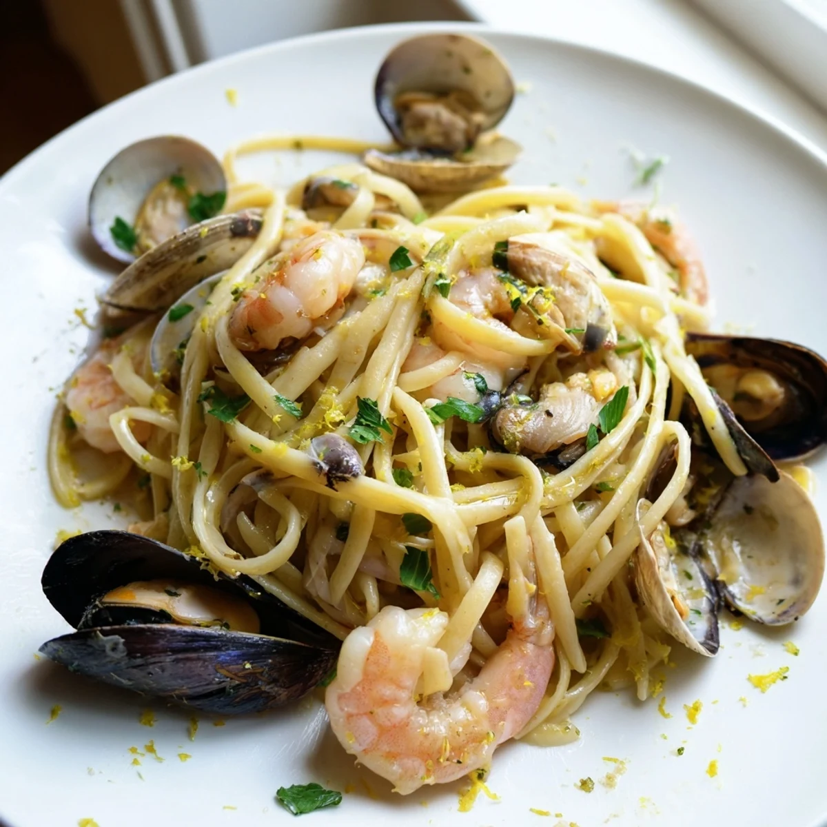 Close-up of Seafood Linguine featuring al dente pasta and a fragrant white wine broth with tender shellfish.