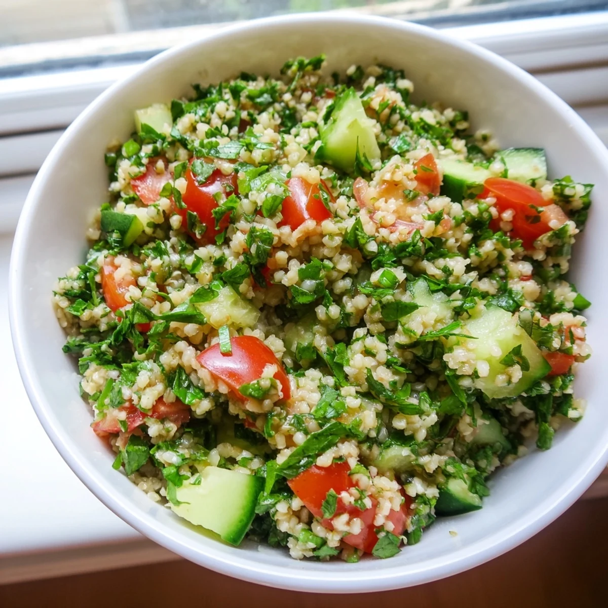 Freshly chopped parsley and diced tomatoes brighten a bowl of chilled Bulgur Wheat Salad Tabbouleh.