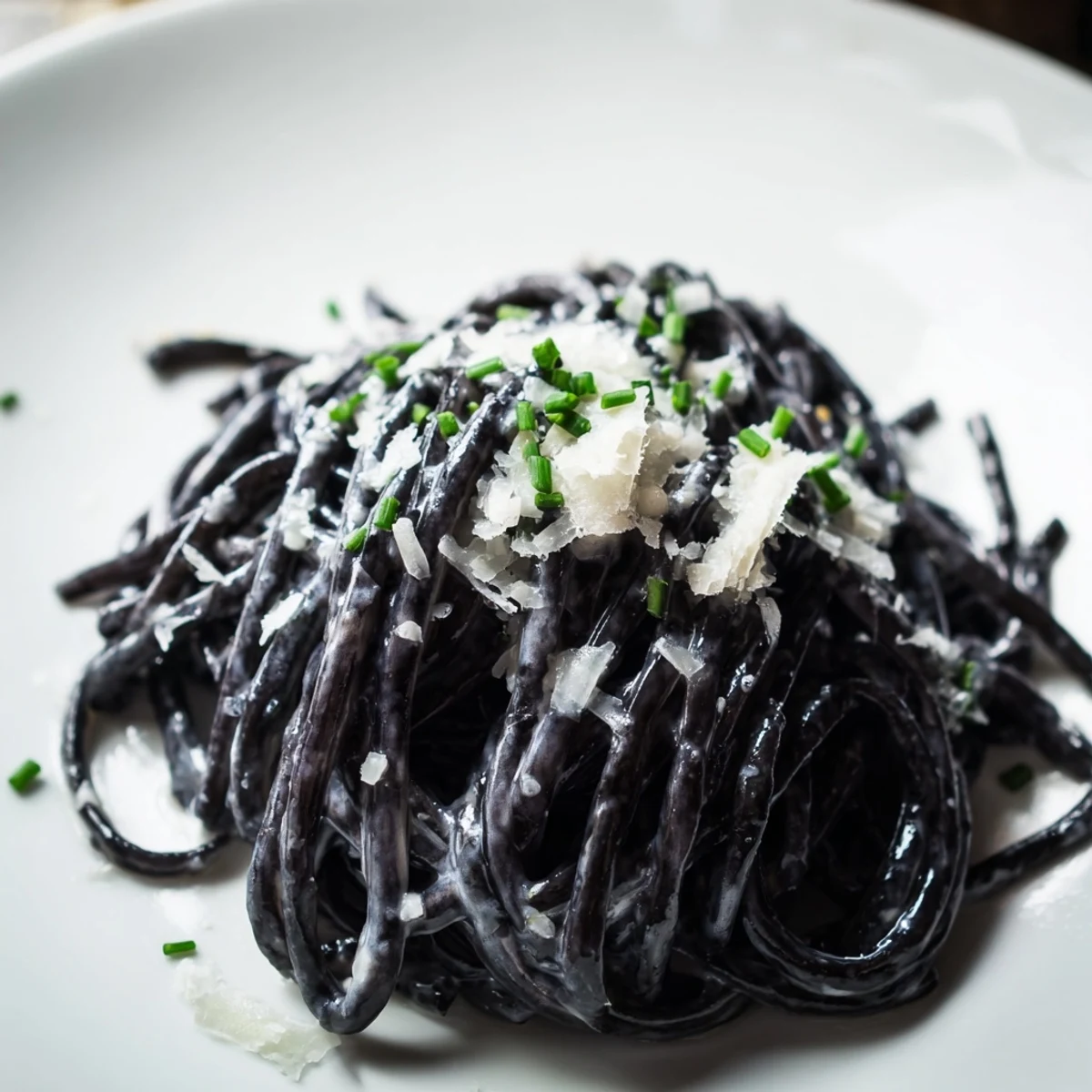 A close-up of squid ink pasta in a glossy cream sauce, topped with fresh chives and Parmesan.