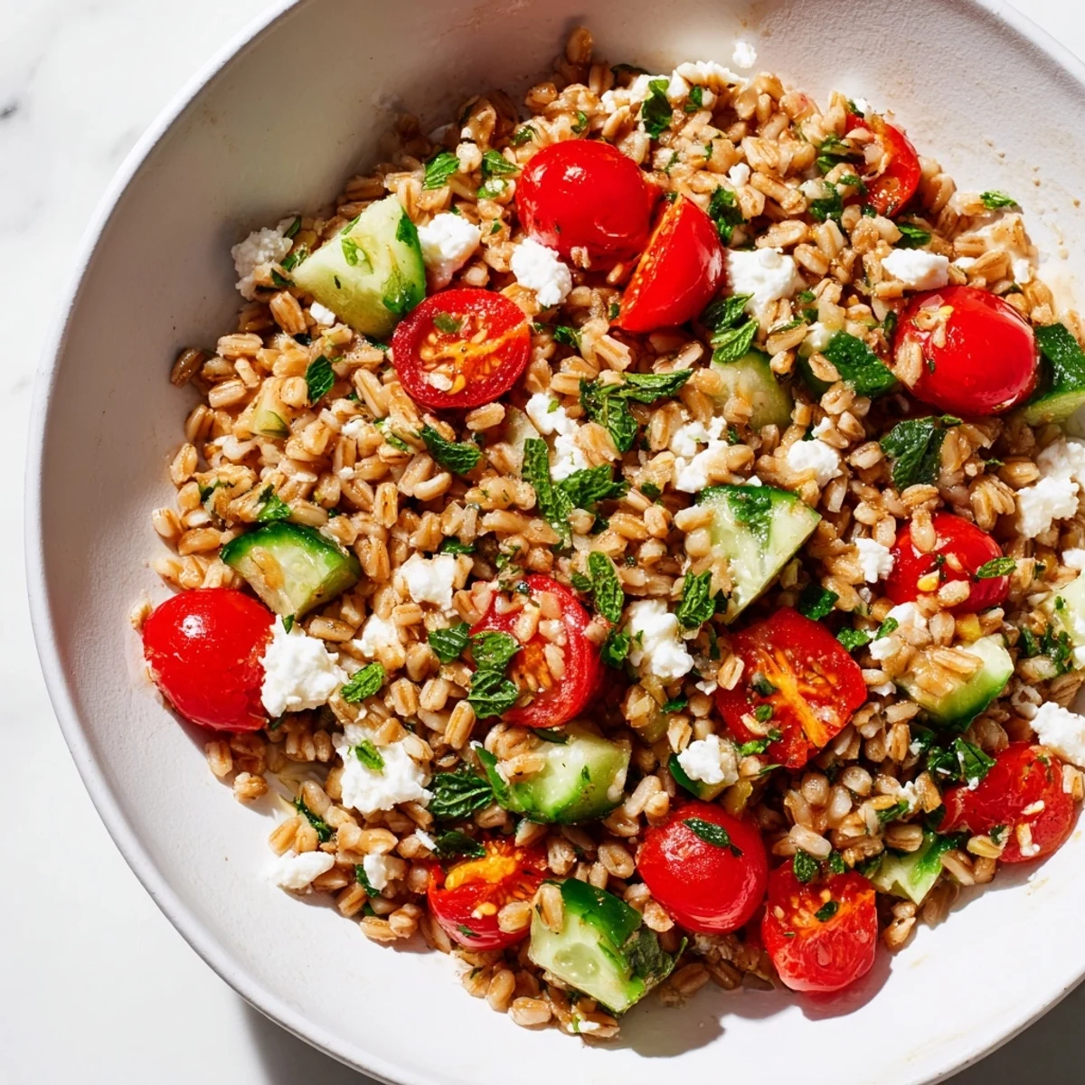 A bowl of Farro Salad Mediterranean with cherry tomatoes, cucumbers, Kalamata olives, and crumbled feta in a zesty lemon dressing.