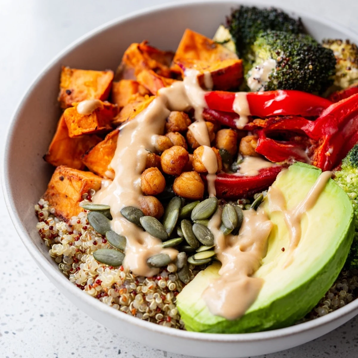 A vibrant Quinoa Buddha Bowl topped with roasted sweet potatoes, bell peppers, and creamy avocado slices.