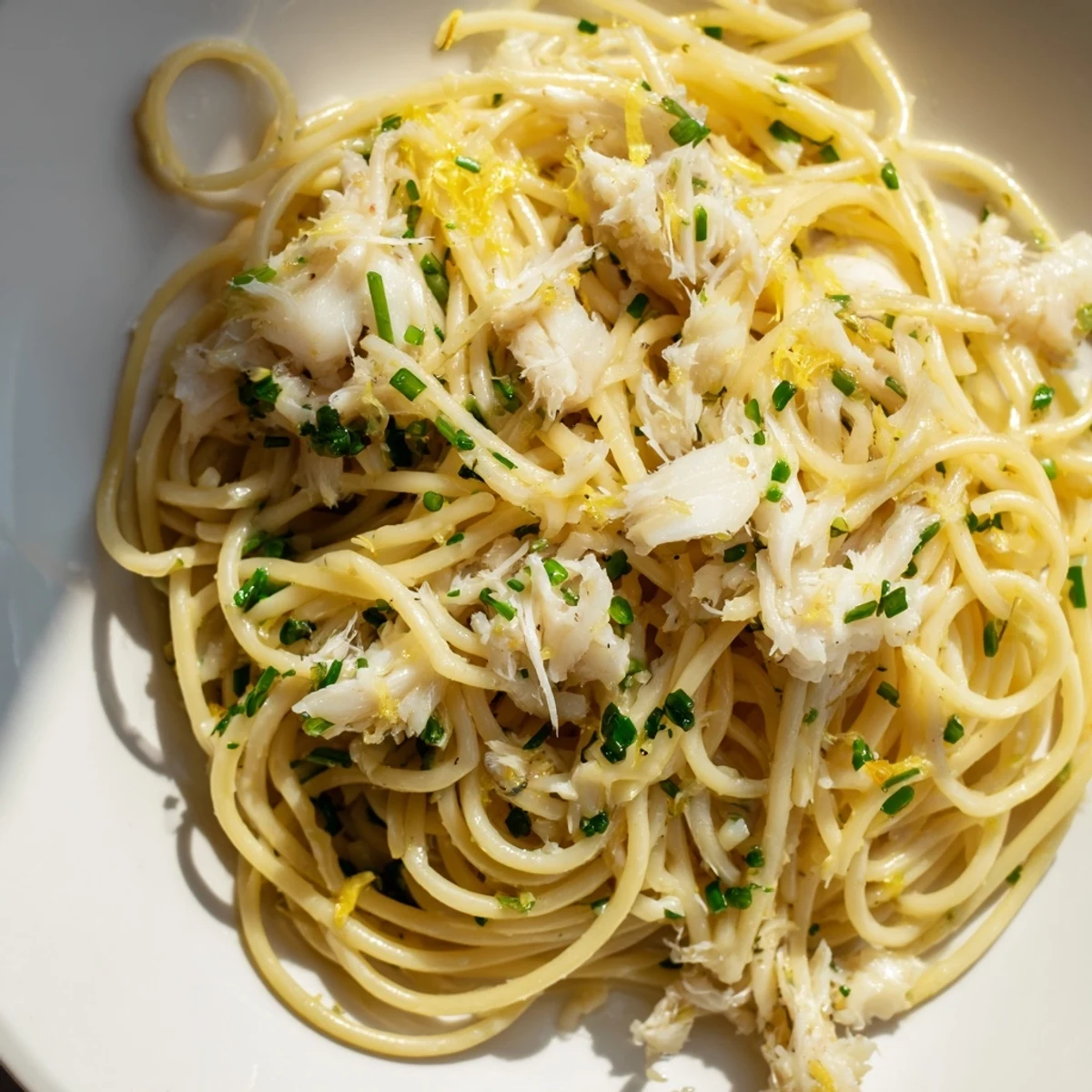 Golden, pan-fried white fish flakes nestle in a bowl of al dente spaghetti, tossed with fresh lemon, garlic, and vibrant green herbs.