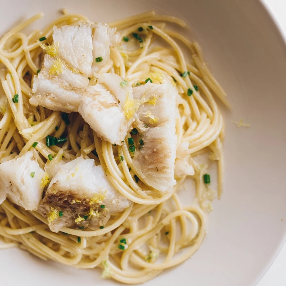 Crispy Fish Pasta serves four with a squeeze of lemon wedges and a sprinkle of chili flakes for a bright Mediterranean meal.