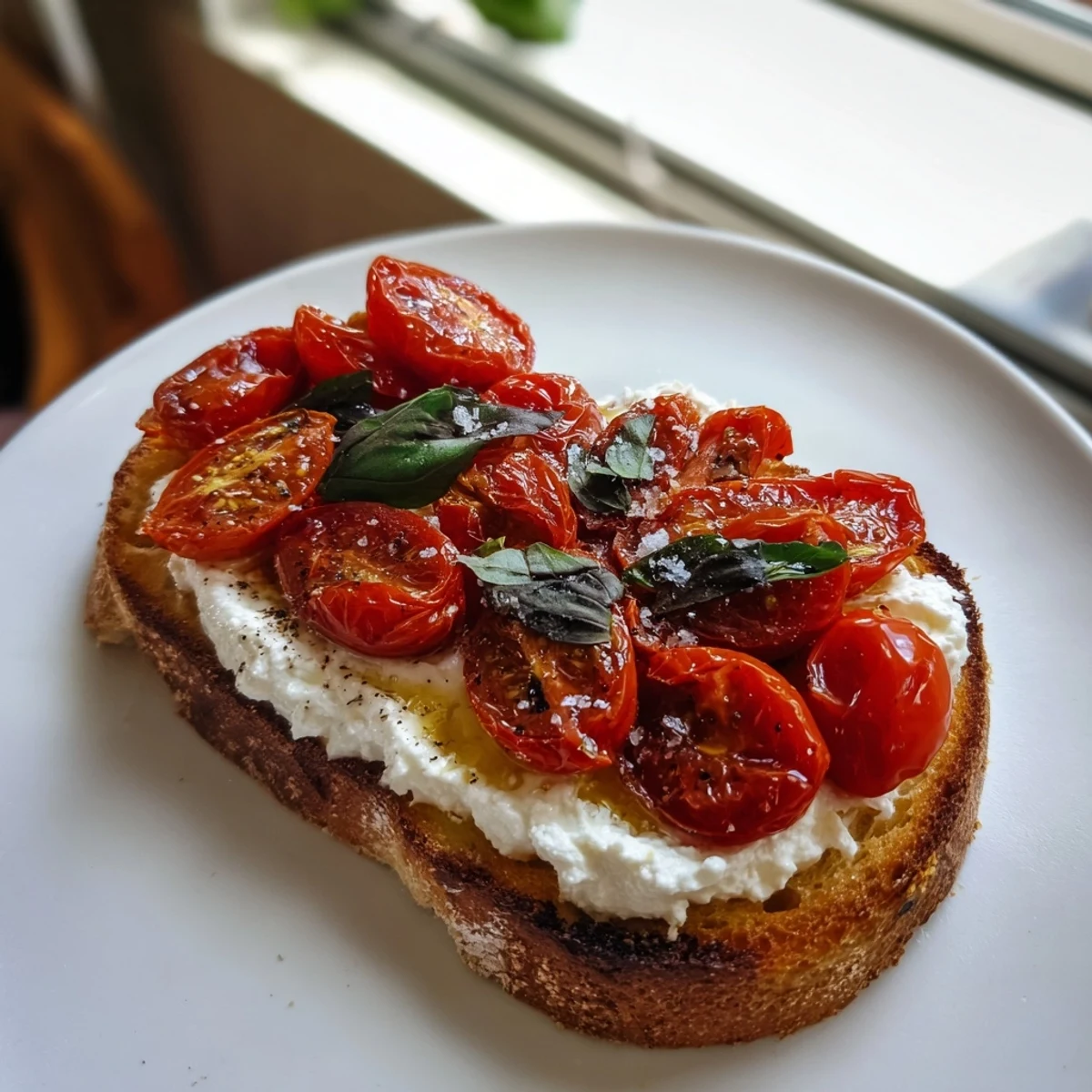 Golden roasted cherry tomatoes on creamy whipped ricotta spread over toasted sourdough, garnished with fresh basil.
