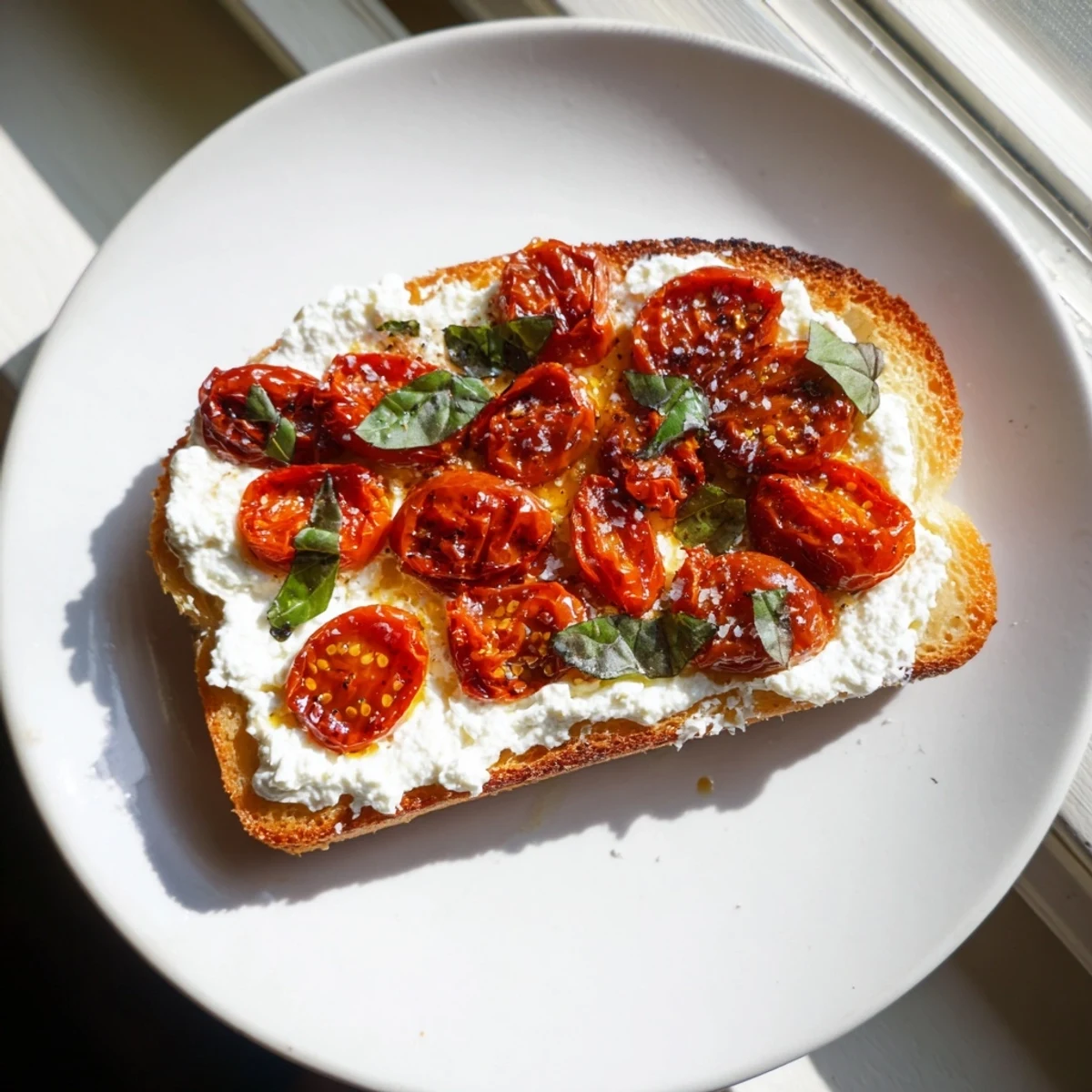A vibrant Tomato Ricotta Toast topped with warm roasted tomatoes, ricotta, and a drizzle of olive oil.