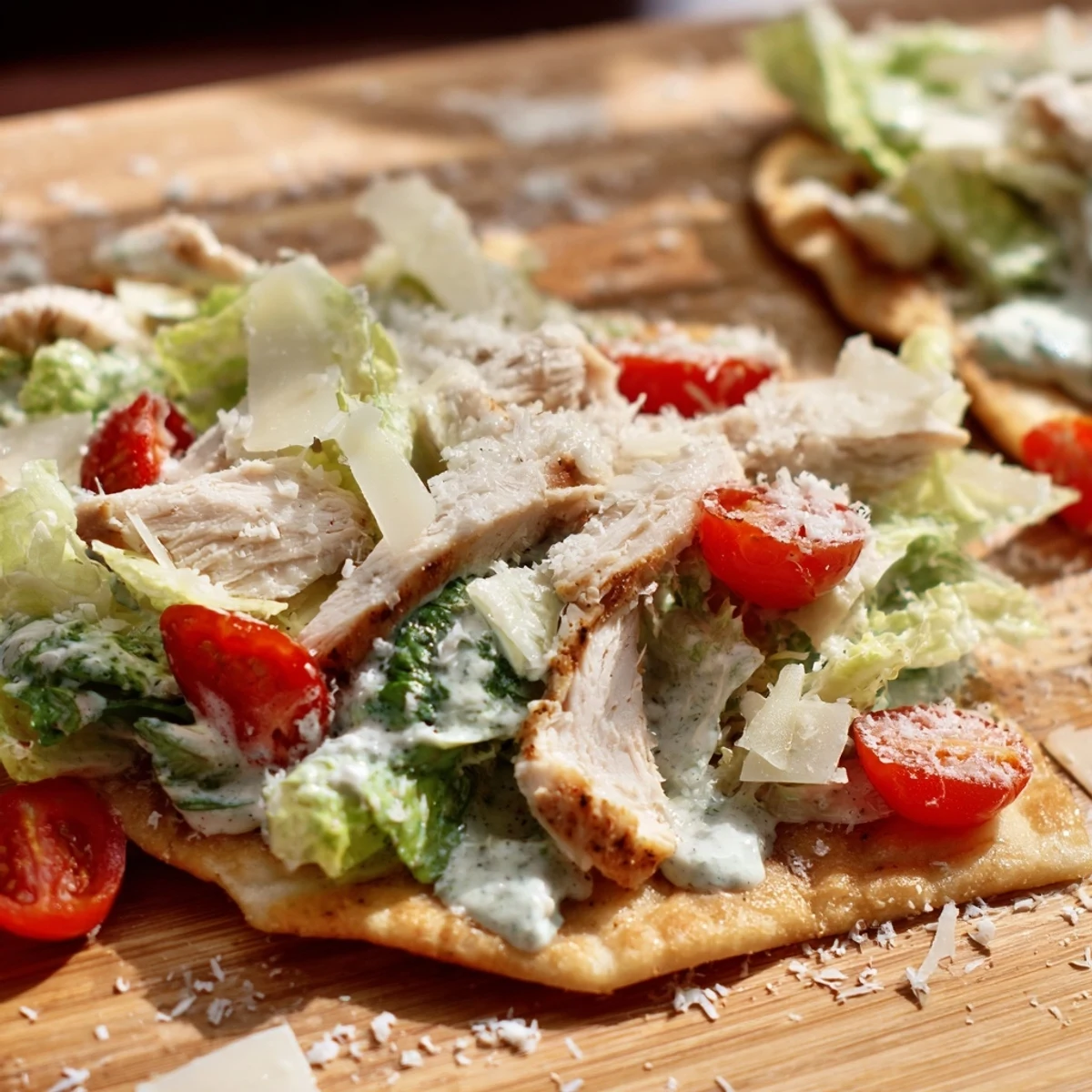 Sliced grilled chicken and creamy Caesar dressing on a crisp flatbread with Parmesan.