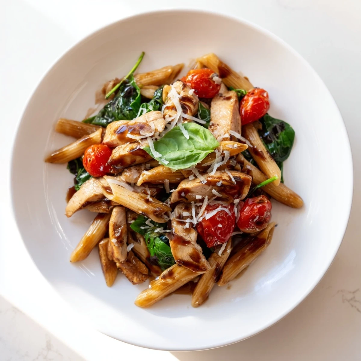 Tender chicken strips glazed in a glossy balsamic reduction, tossed with al dente penne and wilted spinach in a garlic-infused skillet.