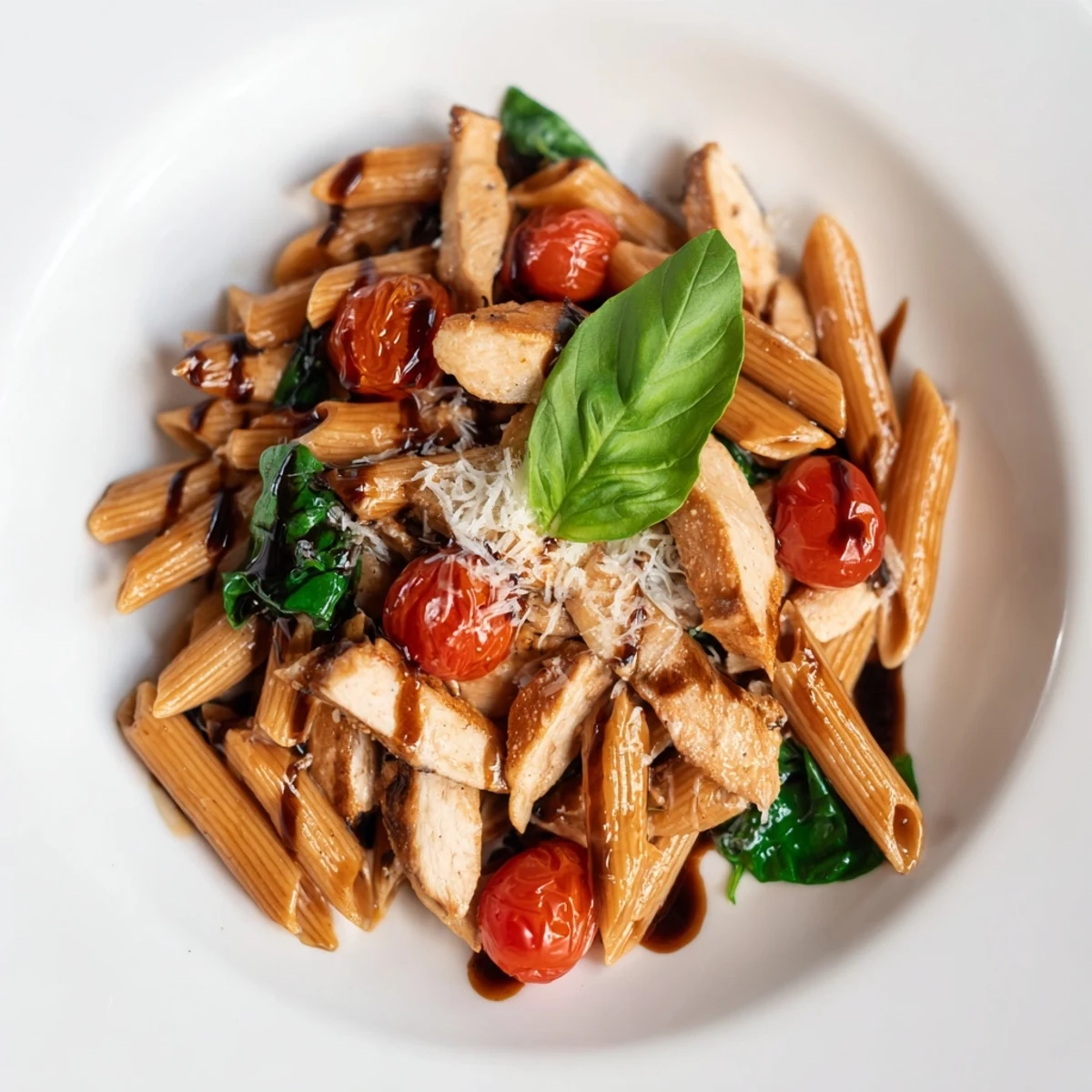 Plated balsamic glazed chicken pasta with a silky sauce, grated Parmesan, and a side of crusty bread for a complete meal.